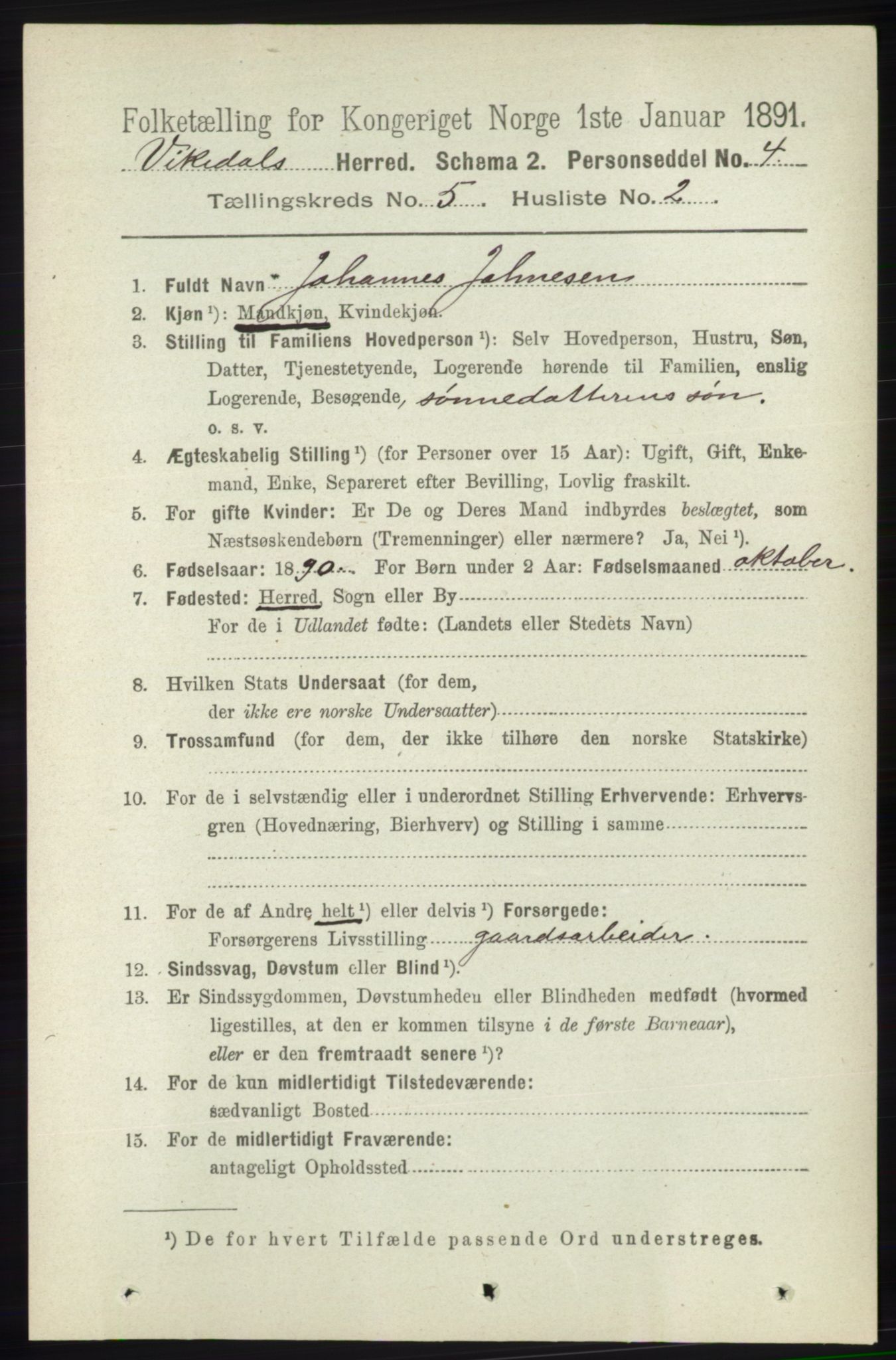 RA, 1891 census for 1157 Vikedal, 1891, p. 1161