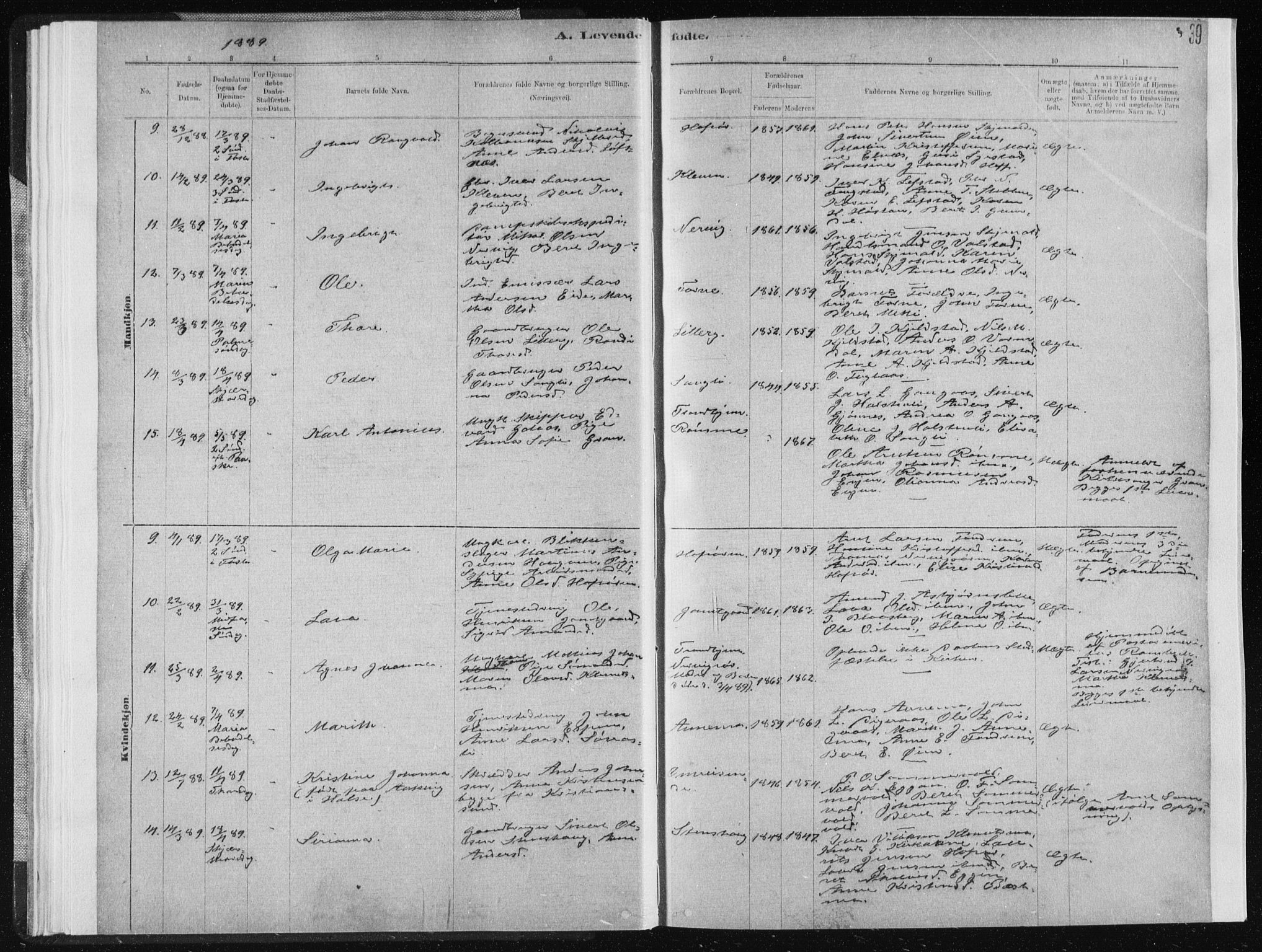 Ministerialprotokoller, klokkerbøker og fødselsregistre - Sør-Trøndelag, AV/SAT-A-1456/668/L0818: Parish register (copy) no. 668C07, 1885-1898, p. 39