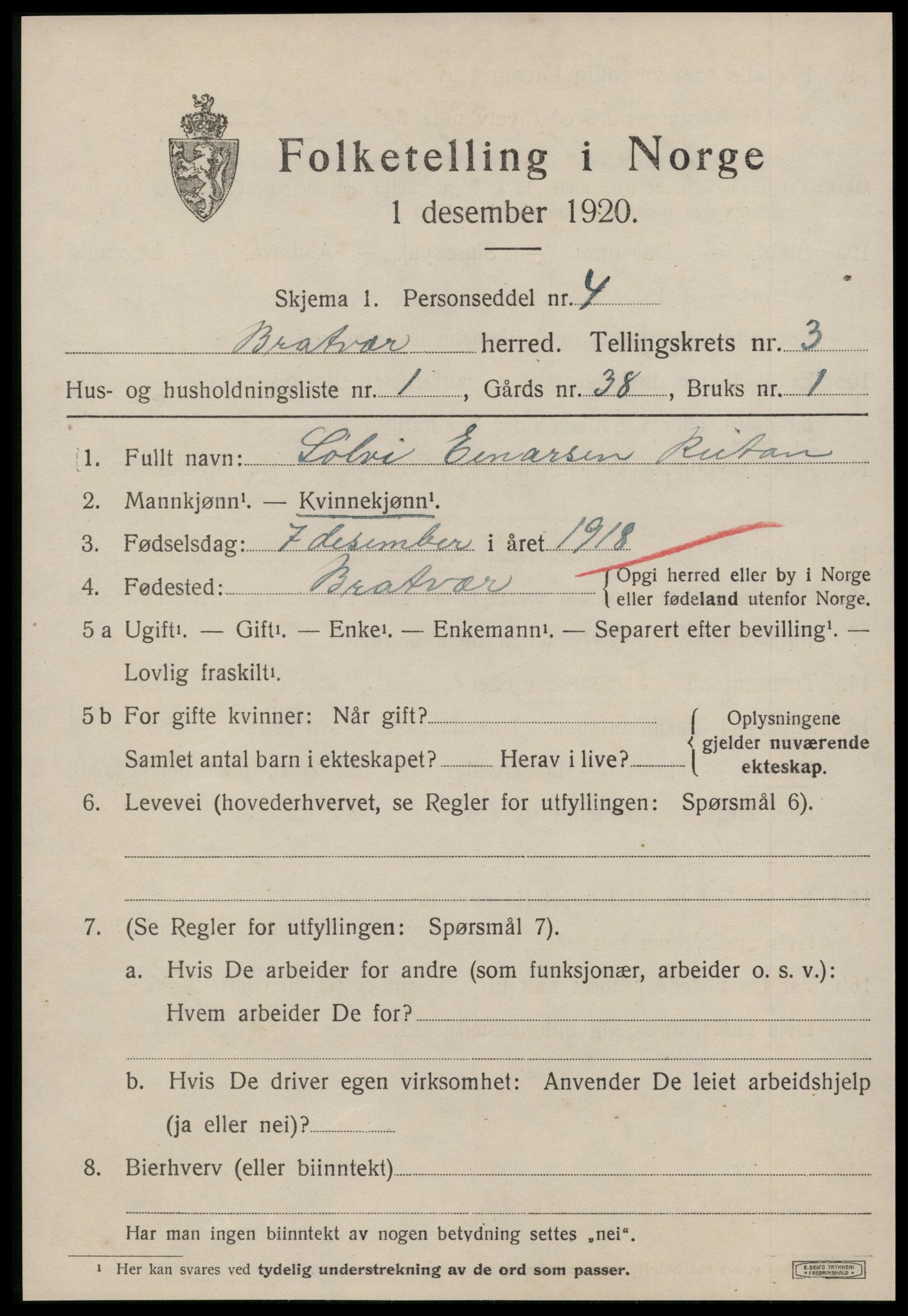 SAT, 1920 census for Brattvær, 1920, p. 1166