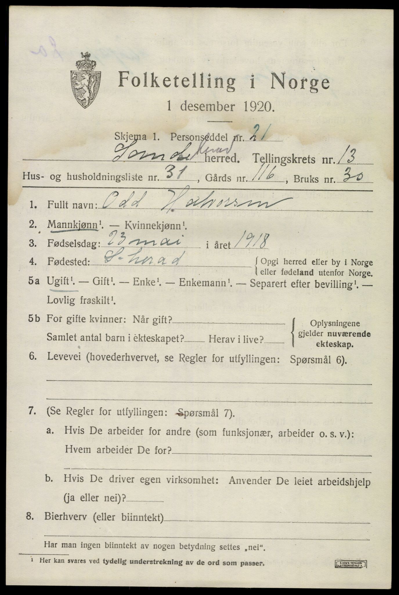SAKO, 1920 census for Sandeherred, 1920, p. 19664