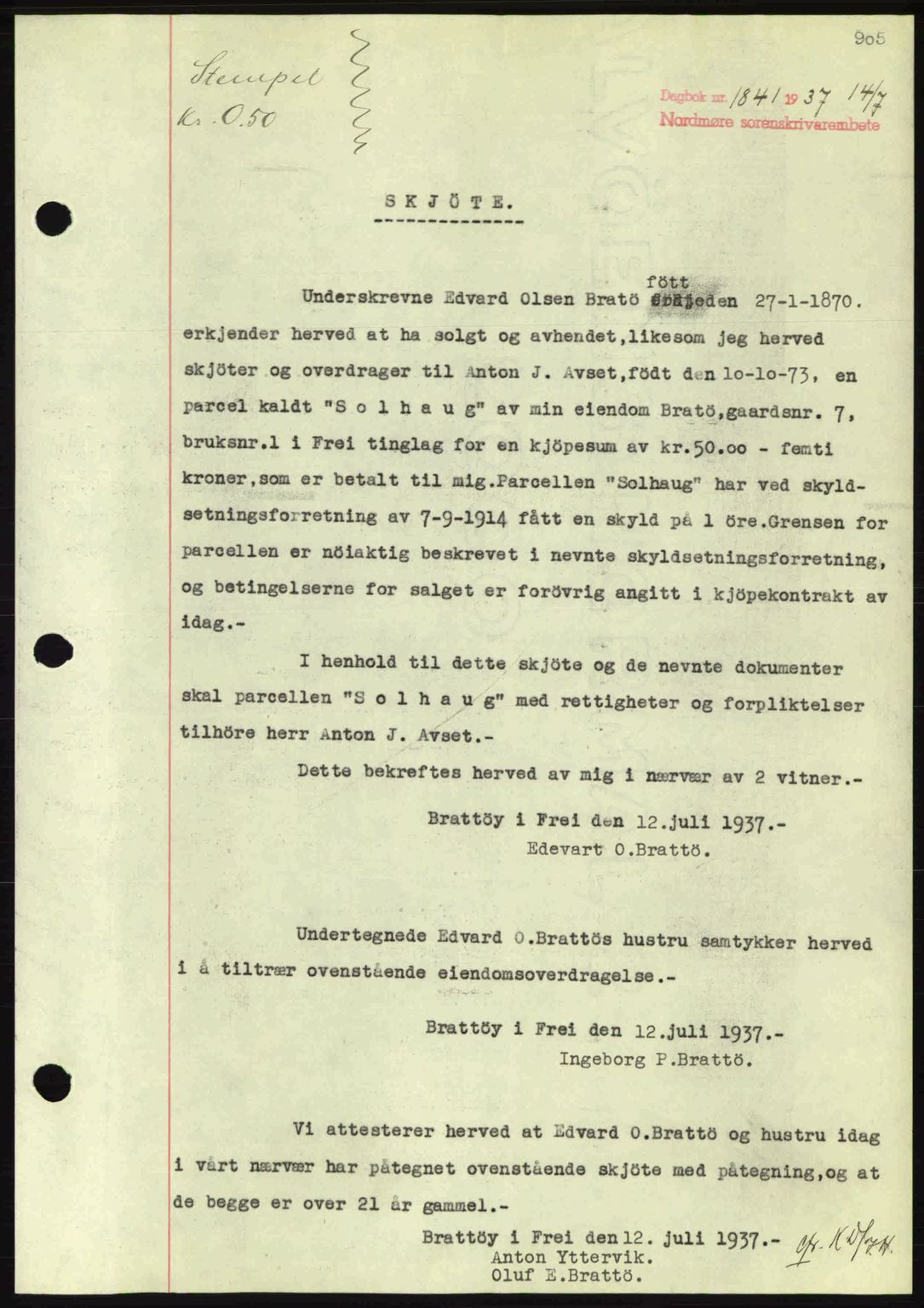 Nordmøre sorenskriveri, AV/SAT-A-4132/1/2/2Ca: Mortgage book no. A81, 1937-1937, Diary no: : 1841/1937