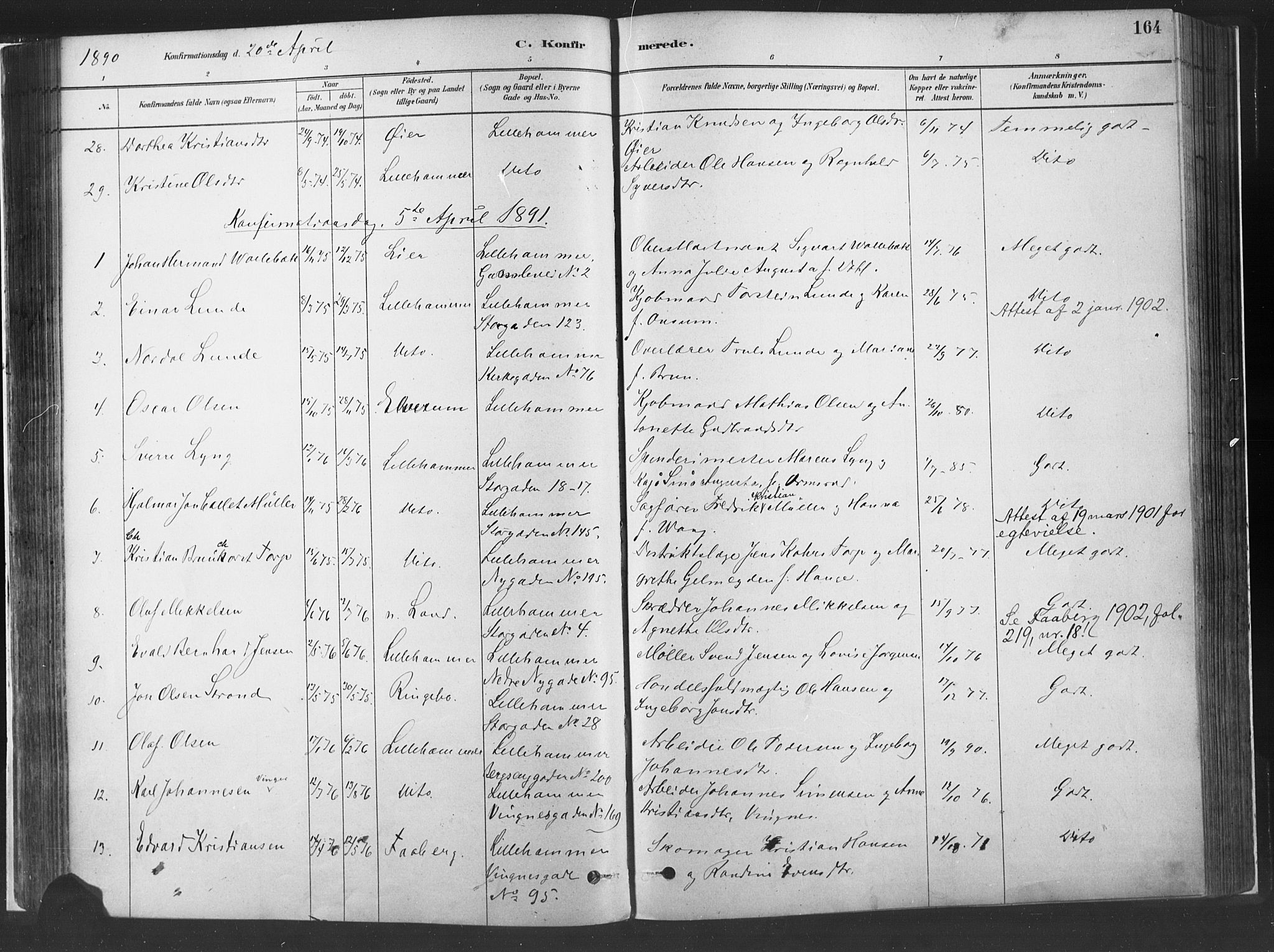 Fåberg prestekontor, SAH/PREST-086/H/Ha/Haa/L0010: Parish register (official) no. 10, 1879-1900, p. 164