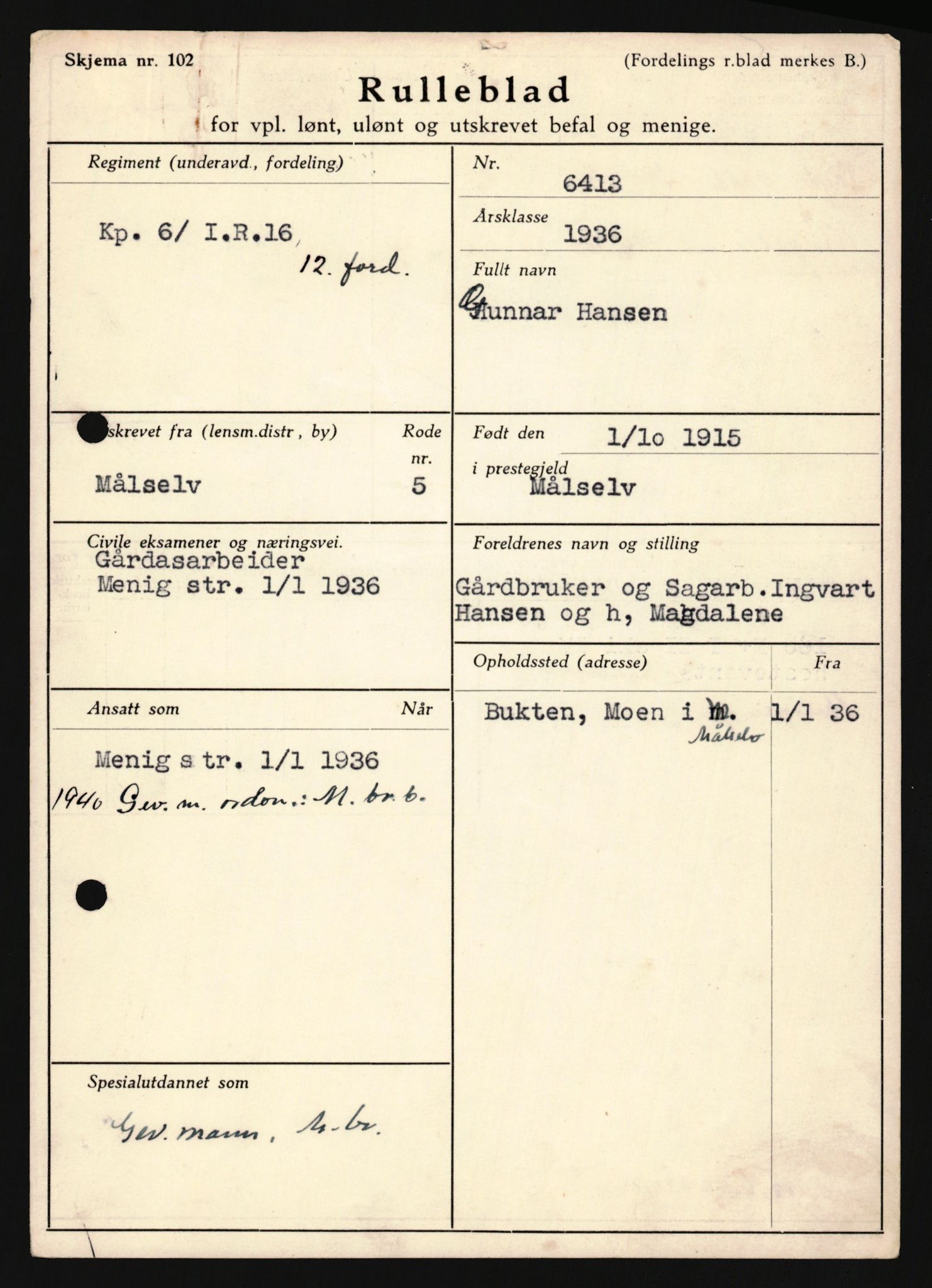 Forsvaret, Troms infanteriregiment nr. 16, AV/RA-RAFA-3146/P/Pa/L0020: Rulleblad for regimentets menige mannskaper, årsklasse 1936, 1936, p. 317