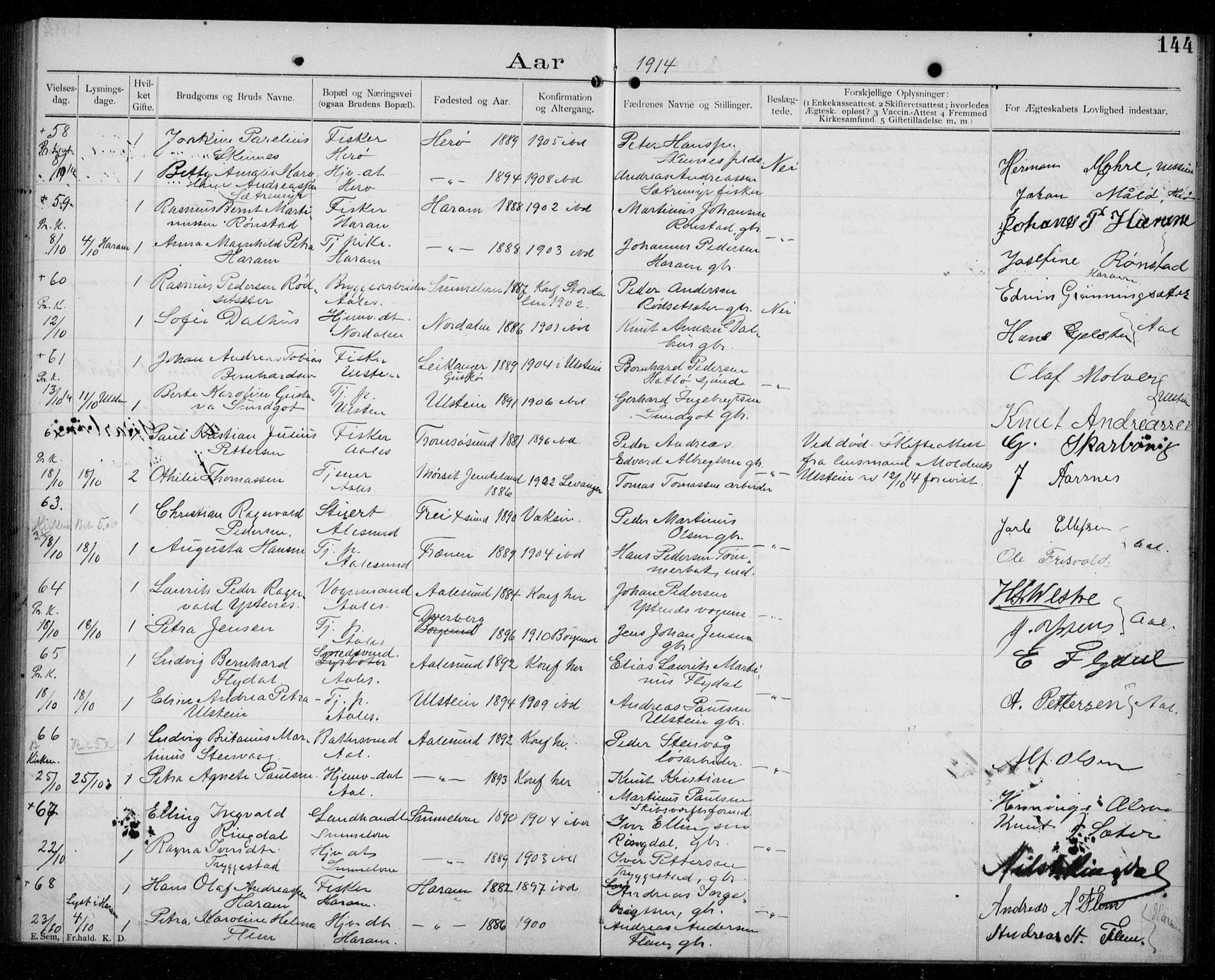 Ministerialprotokoller, klokkerbøker og fødselsregistre - Møre og Romsdal, AV/SAT-A-1454/529/L0458: Banns register no. 529A08, 1901-1918, p. 144