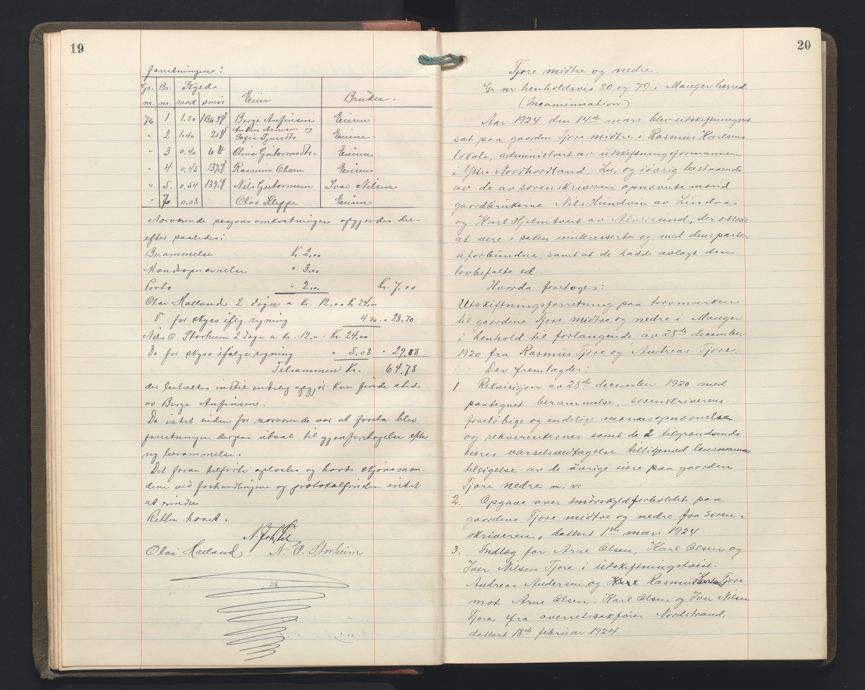 Hordaland jordskiftedøme - II Ytre Nordhordland jordskiftedistrikt, AV/SAB-A-6901/A/Aa/L0034: Forhandlingsprotokoll, 1923-1925, p. 19-20