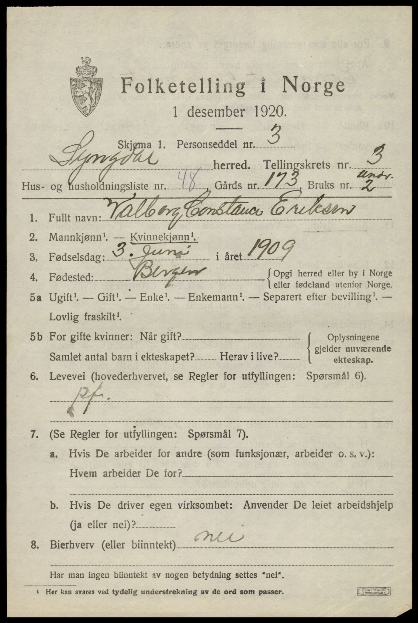 SAK, 1920 census for Lyngdal, 1920, p. 2305
