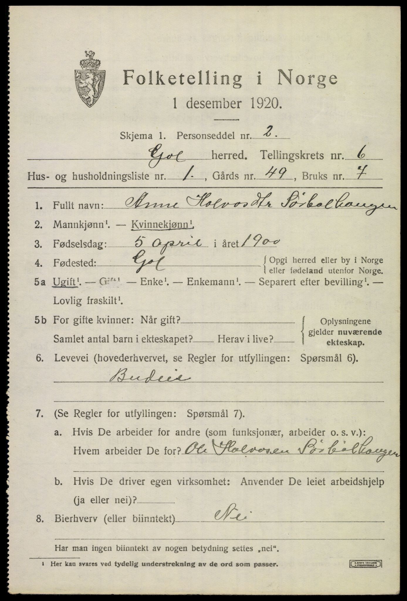 SAKO, 1920 census for Gol, 1920, p. 4578