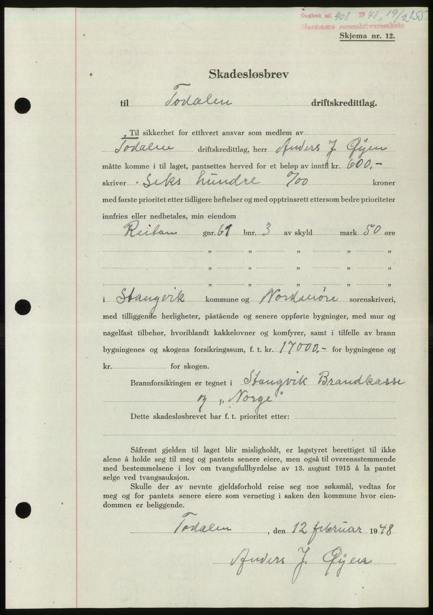 Nordmøre sorenskriveri, AV/SAT-A-4132/1/2/2Ca: Mortgage book no. B98, 1948-1948, Diary no: : 408/1948