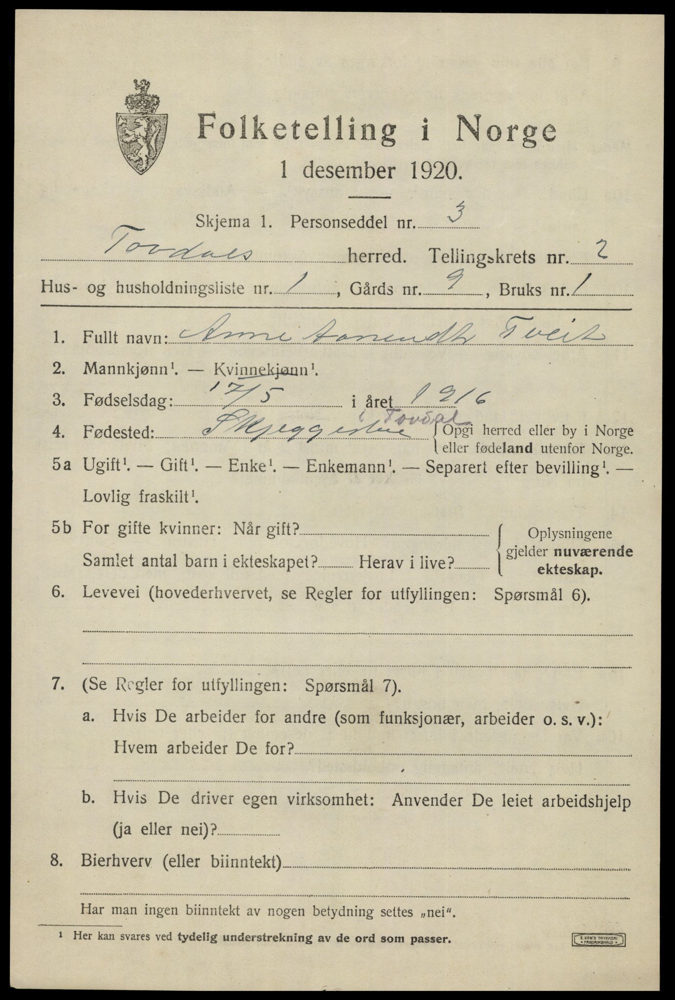 SAK, 1920 census for Tovdal, 1920, p. 327