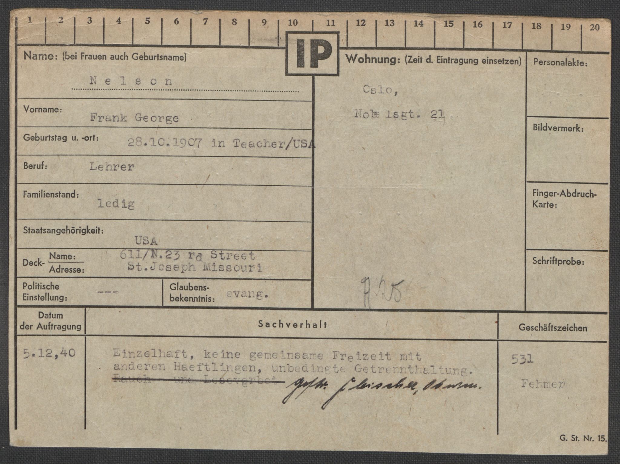 Befehlshaber der Sicherheitspolizei und des SD, AV/RA-RAFA-5969/E/Ea/Eaa/L0007: Register over norske fanger i Møllergata 19: Lundb-N, 1940-1945, p. 1004