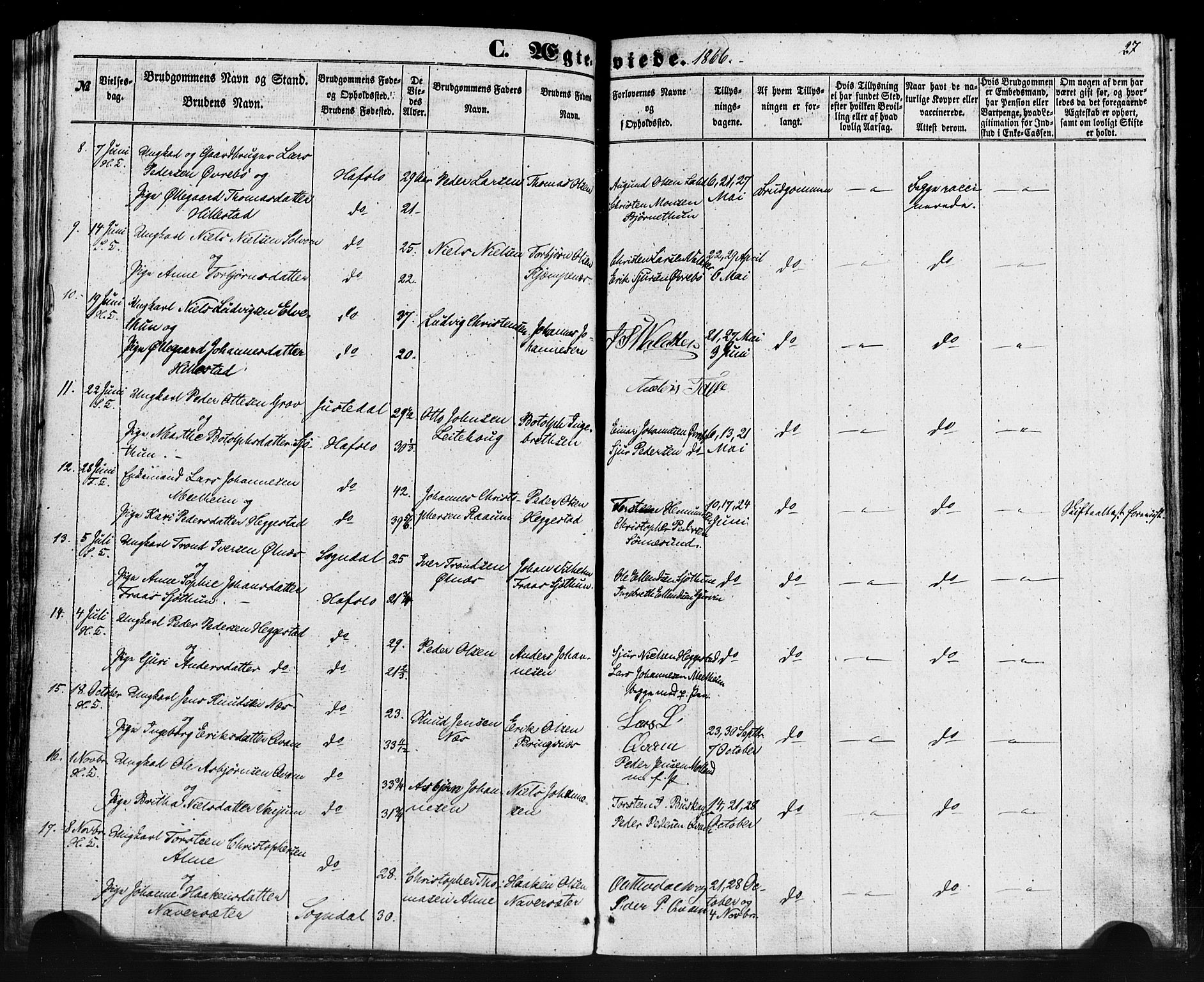 Hafslo sokneprestembete, SAB/A-80301/H/Haa/Haaa/L0013: Parish register (official) no. A 13, 1854-1879, p. 27