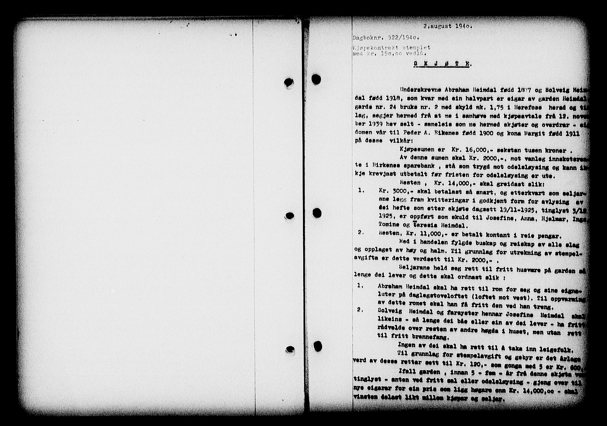 Nedenes sorenskriveri, SAK/1221-0006/G/Gb/Gba/L0047: Mortgage book no. A-I, 1939-1940, Diary no: : 522/1940