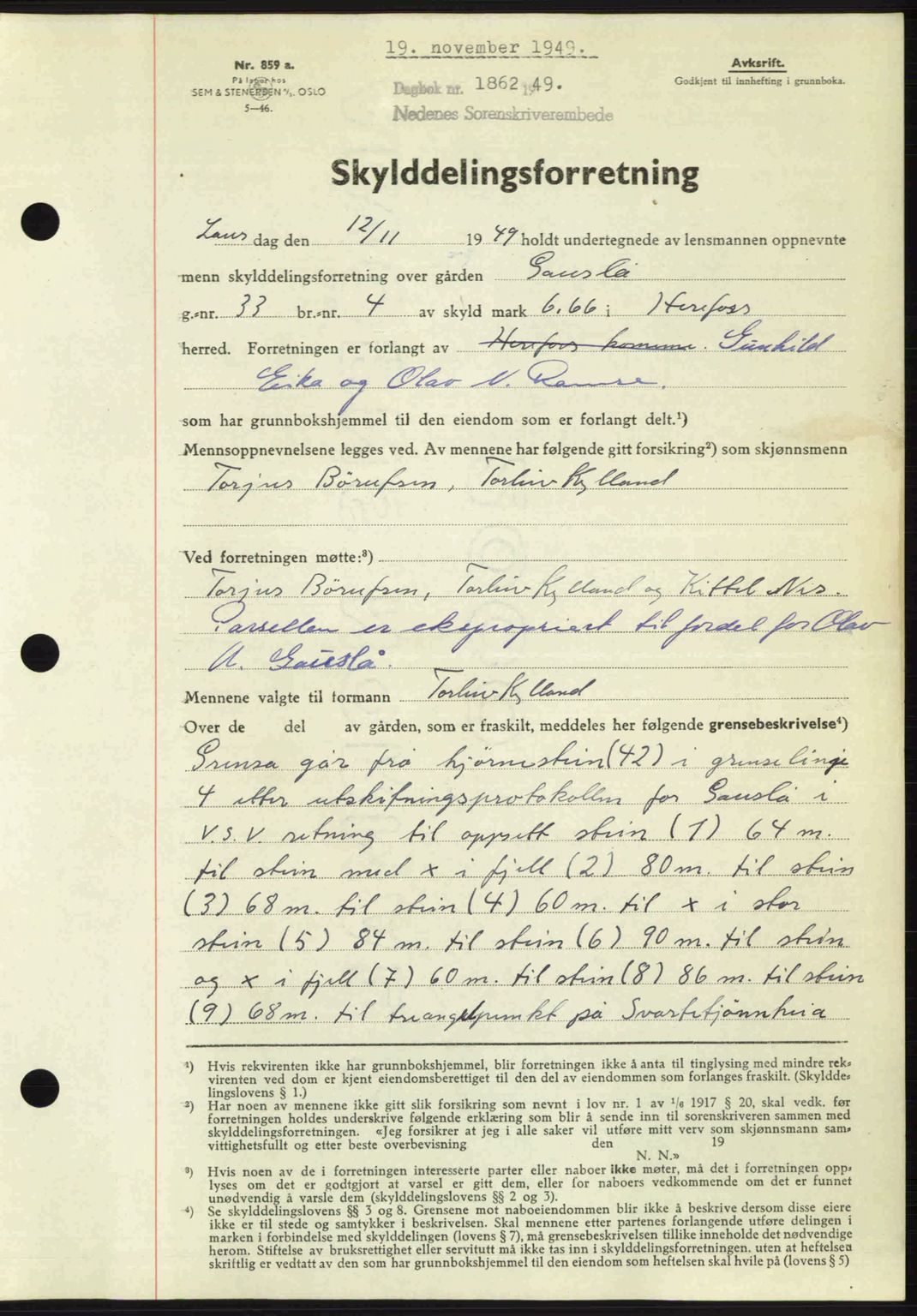 Nedenes sorenskriveri, AV/SAK-1221-0006/G/Gb/Gba/L0061: Mortgage book no. A13, 1949-1949, Diary no: : 1862/1949