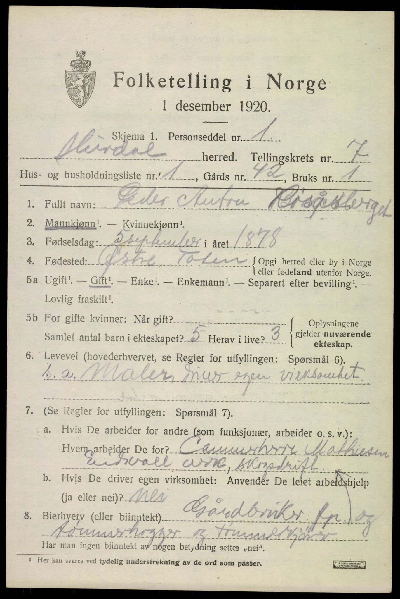 SAO, 1920 census for Hurdal, 1920, p. 3816