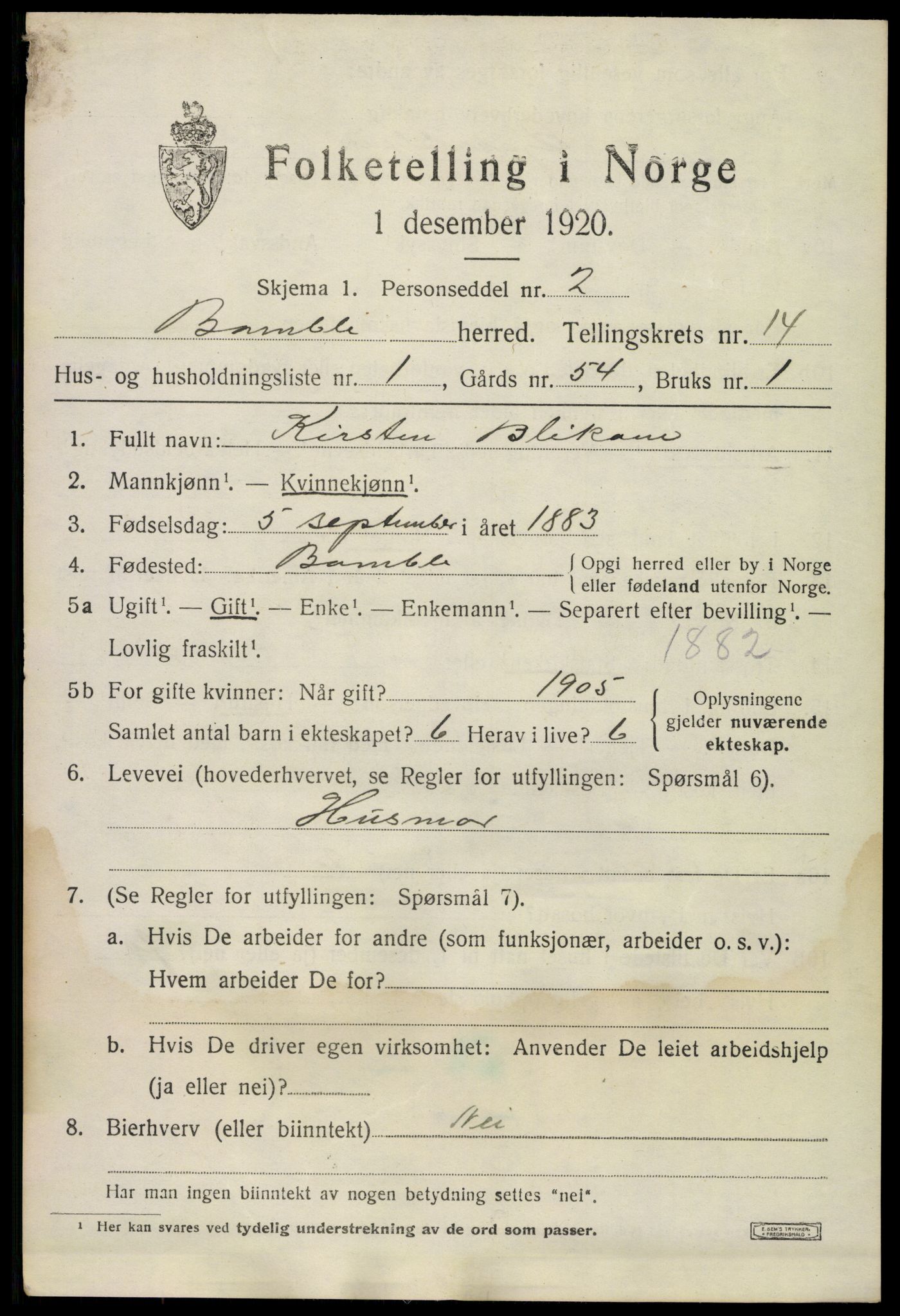 SAKO, 1920 census for Bamble, 1920, p. 9871