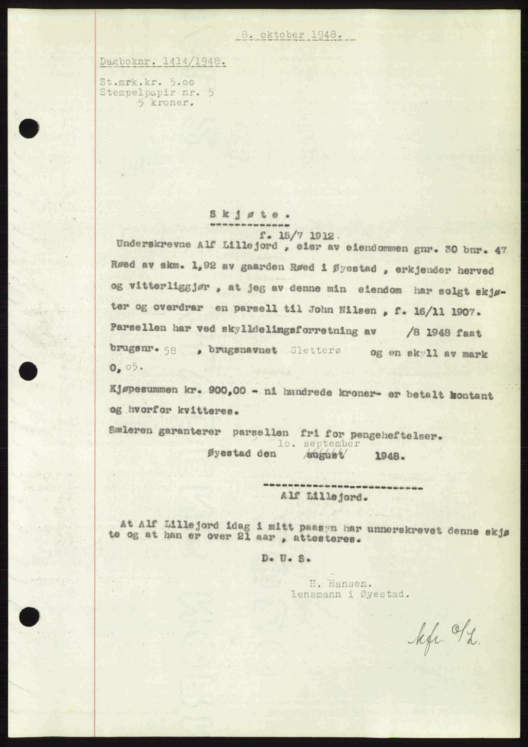 Nedenes sorenskriveri, AV/SAK-1221-0006/G/Gb/Gba/L0059: Mortgage book no. A11, 1948-1948, Diary no: : 1414/1948