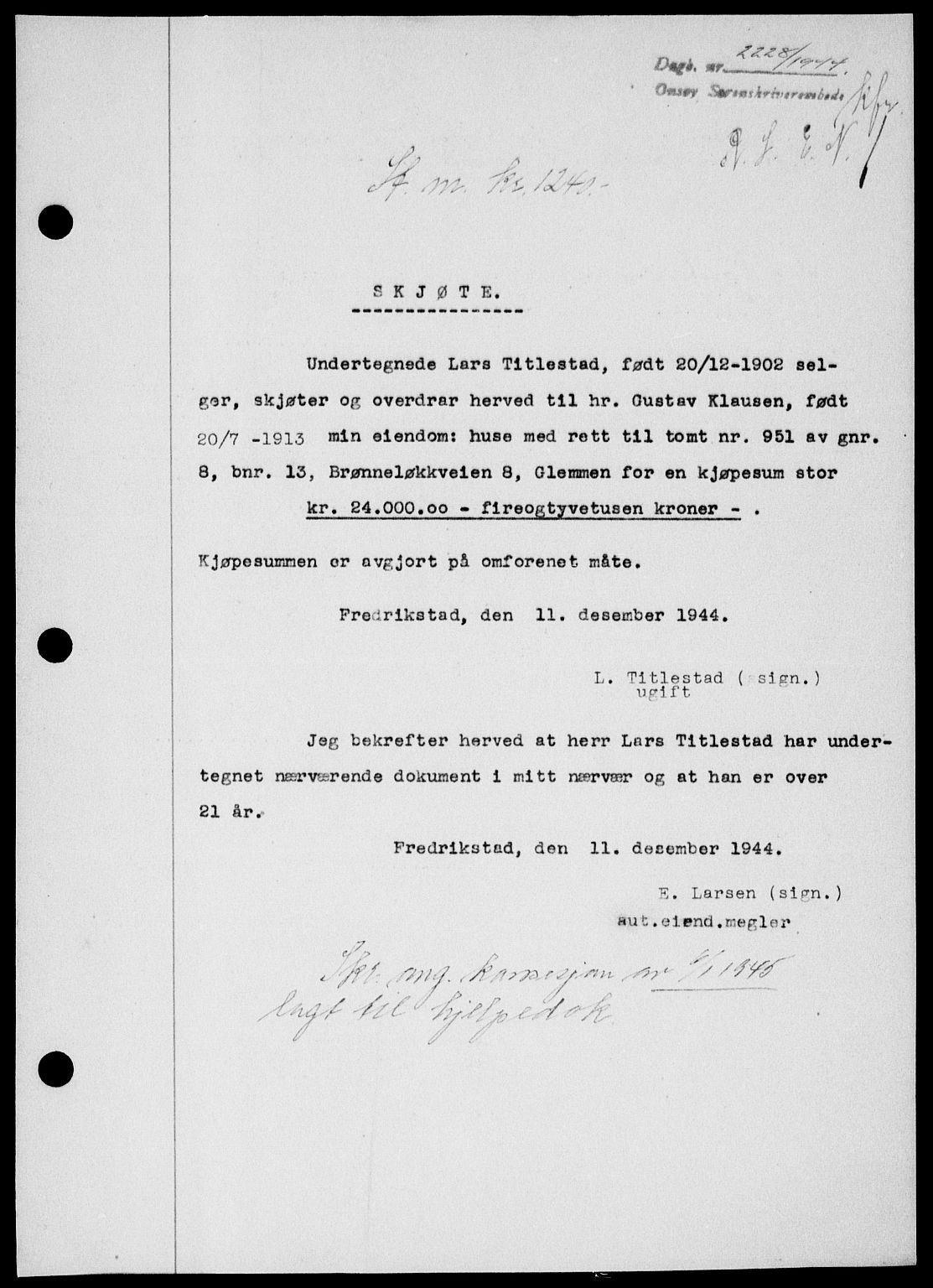 Onsøy sorenskriveri, SAO/A-10474/G/Ga/Gab/L0014: Mortgage book no. II A-14, 1944-1945, Diary no: : 2228/1944