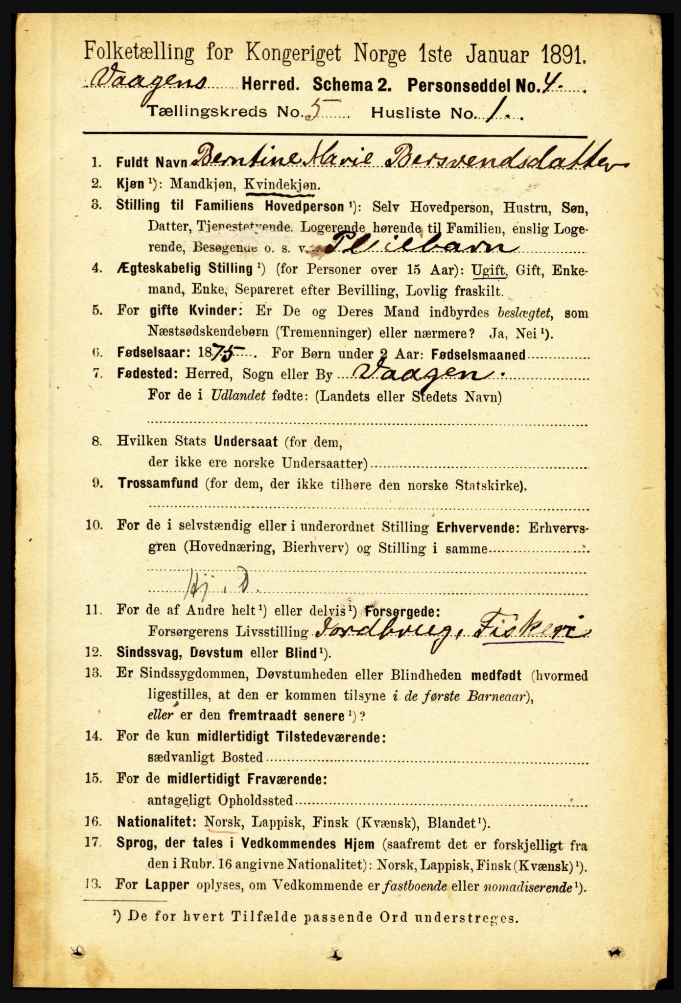 RA, 1891 census for 1865 Vågan, 1891, p. 1576