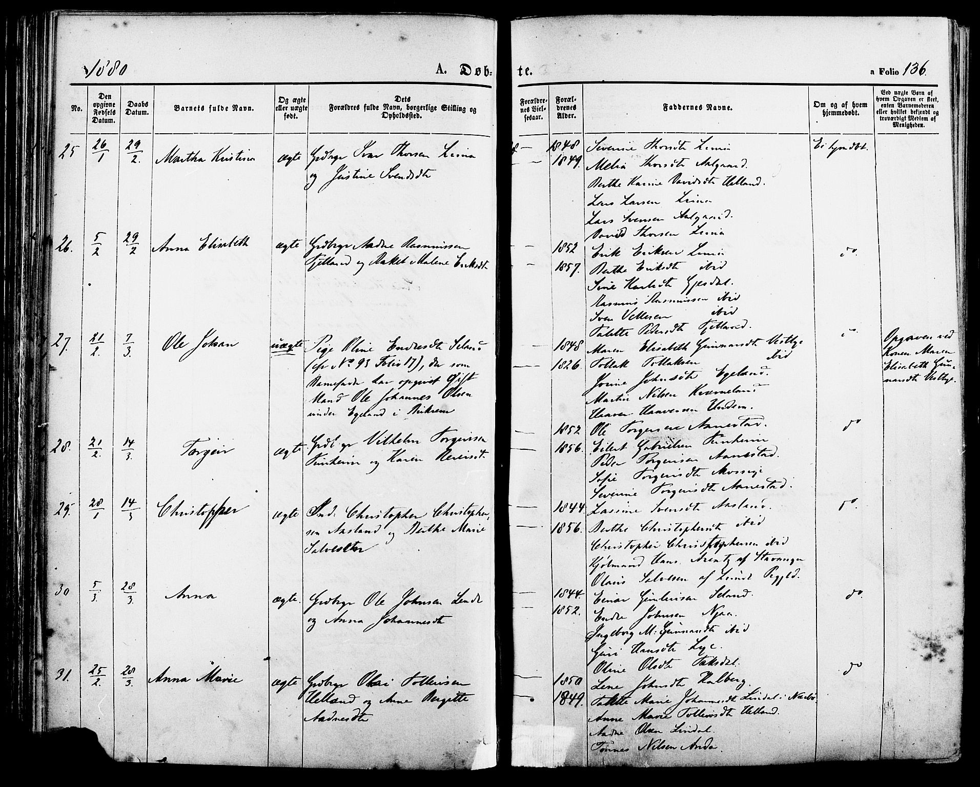 Lye sokneprestkontor, AV/SAST-A-101794/001/30BA/L0008: Parish register (official) no. A 7, 1872-1881, p. 136