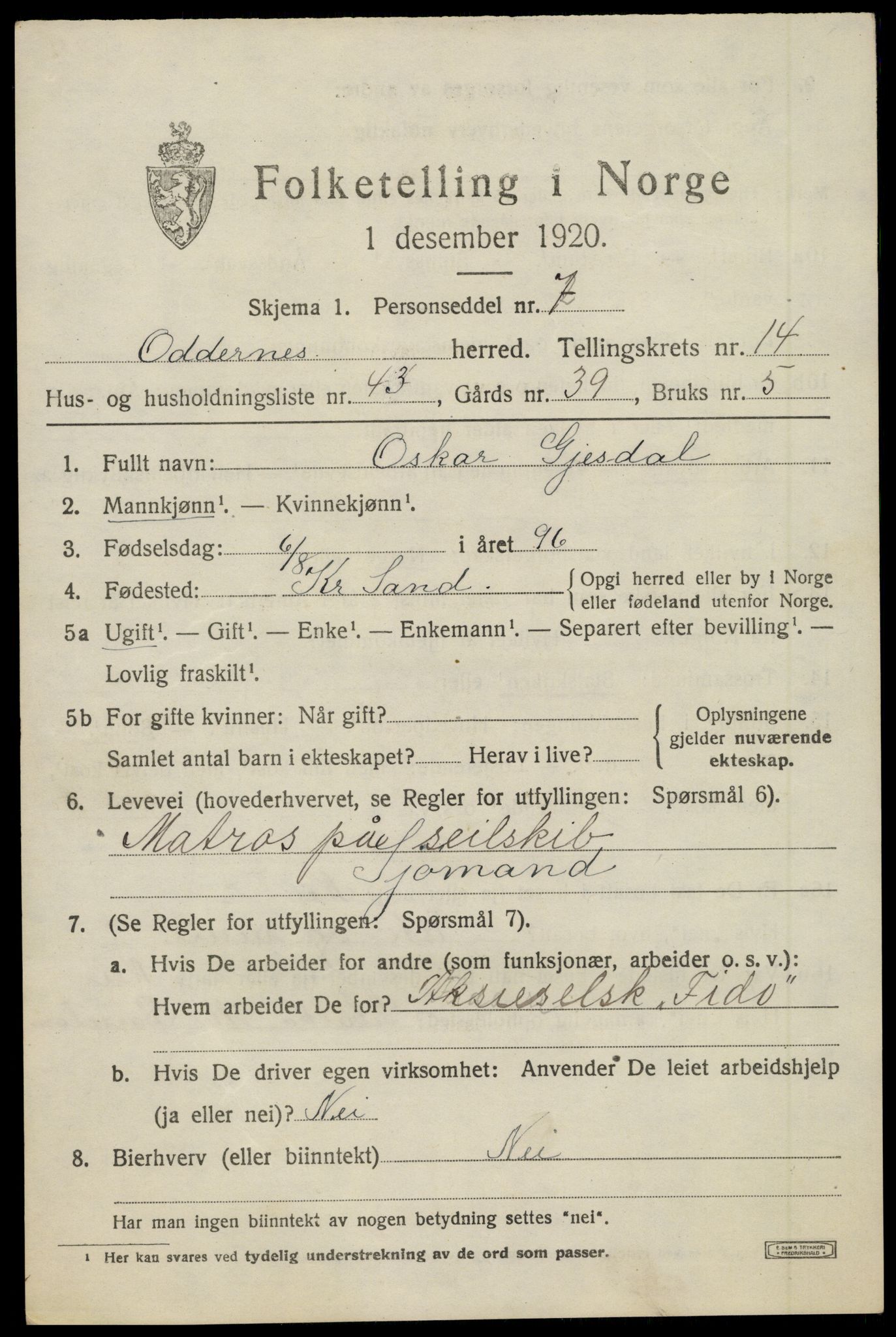 SAK, 1920 census for Oddernes, 1920, p. 8969