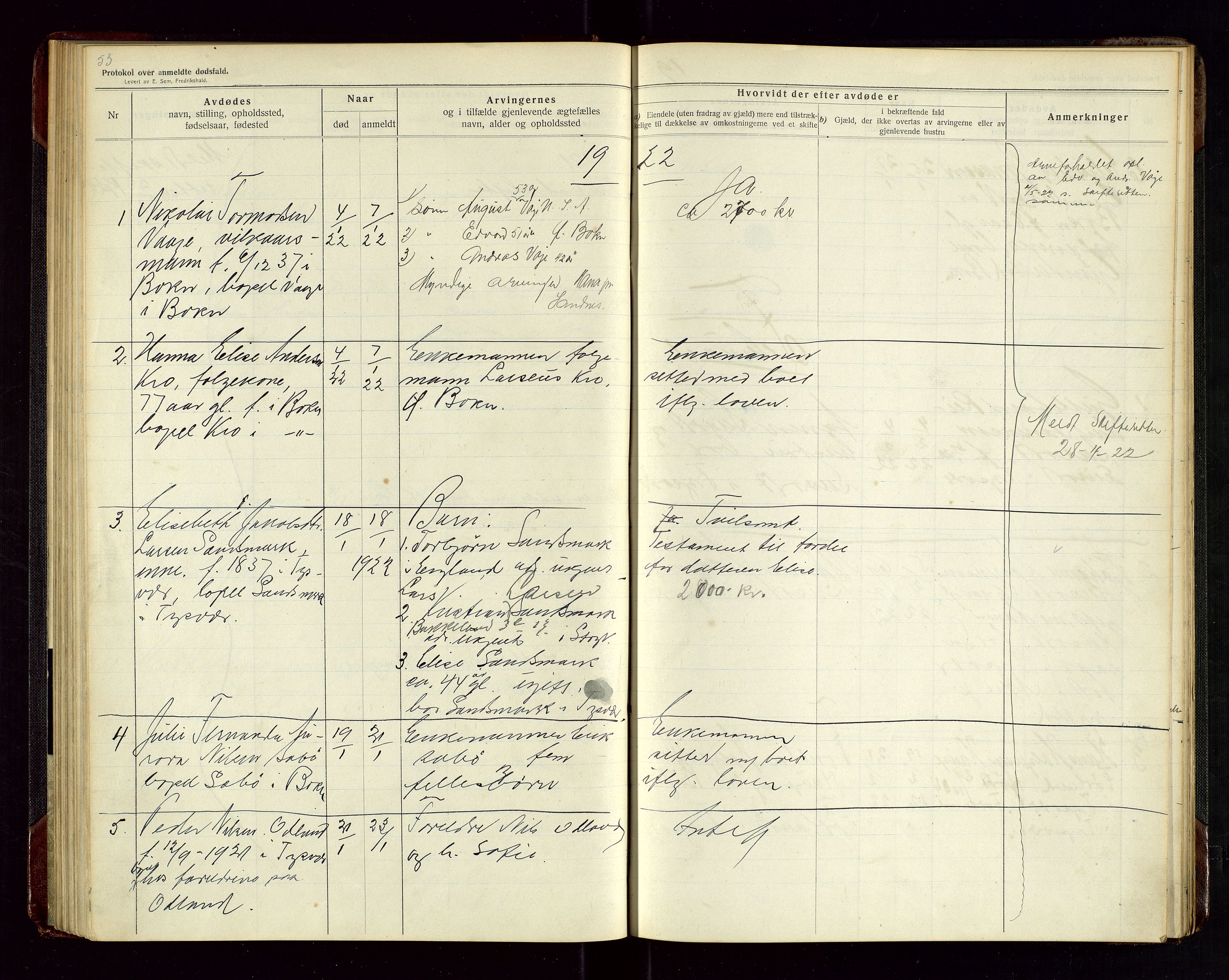 Tysvær lensmannskontor, AV/SAST-A-100192/Gga/L0003: "Protokol over anmeldte dødsfald i Tysvær" med register, 1916-1926, p. 53
