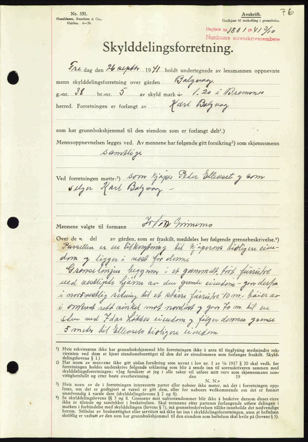 Nordmøre sorenskriveri, AV/SAT-A-4132/1/2/2Ca: Mortgage book no. A91, 1941-1942, Diary no: : 1801/1941