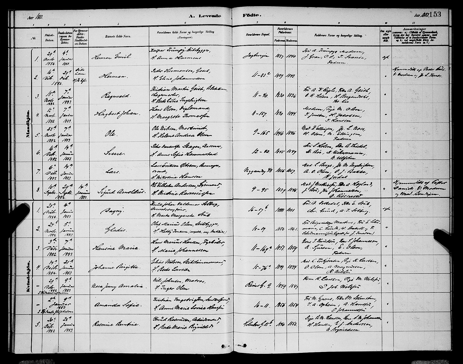 Domkirken sokneprestembete, SAB/A-74801/H/Hab/L0015: Parish register (copy) no. B 8, 1879-1887, p. 153