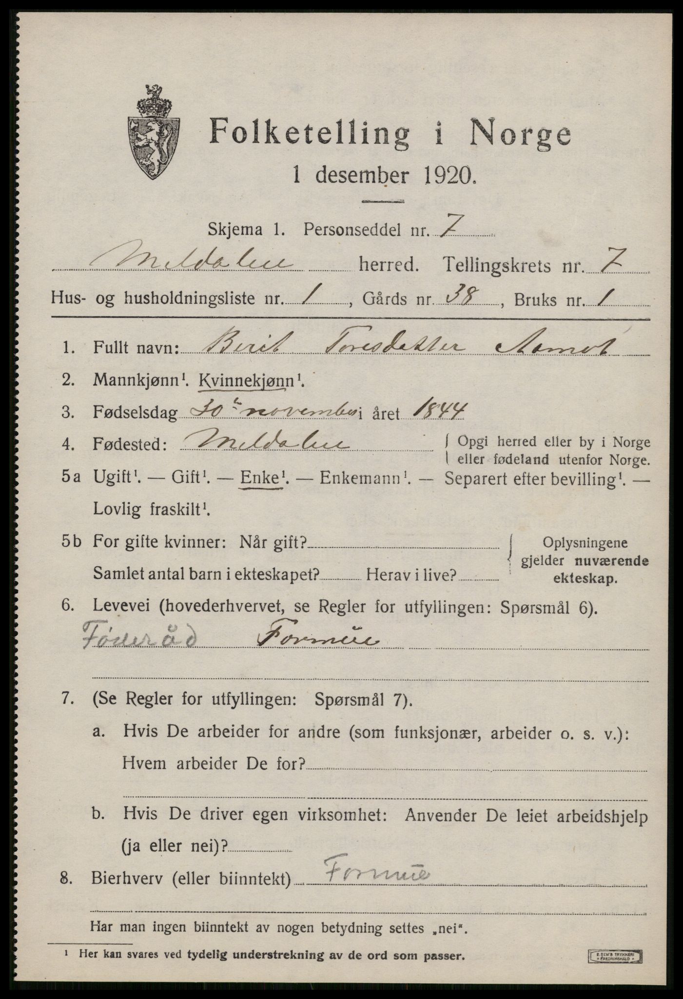 SAT, 1920 census for Meldal, 1920, p. 7297