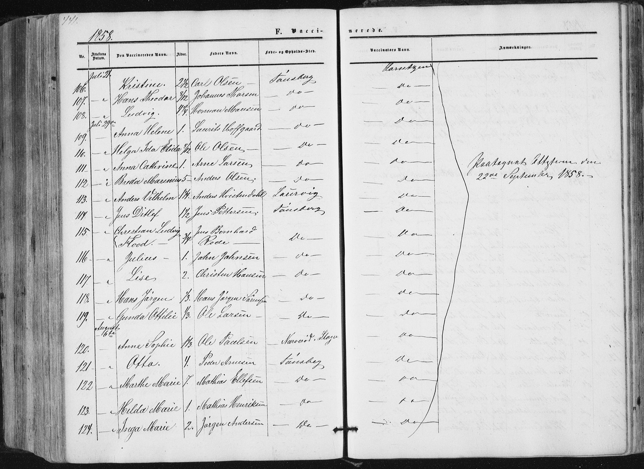 Tønsberg kirkebøker, AV/SAKO-A-330/F/Fa/L0008: Parish register (official) no. I 8, 1855-1864, p. 441