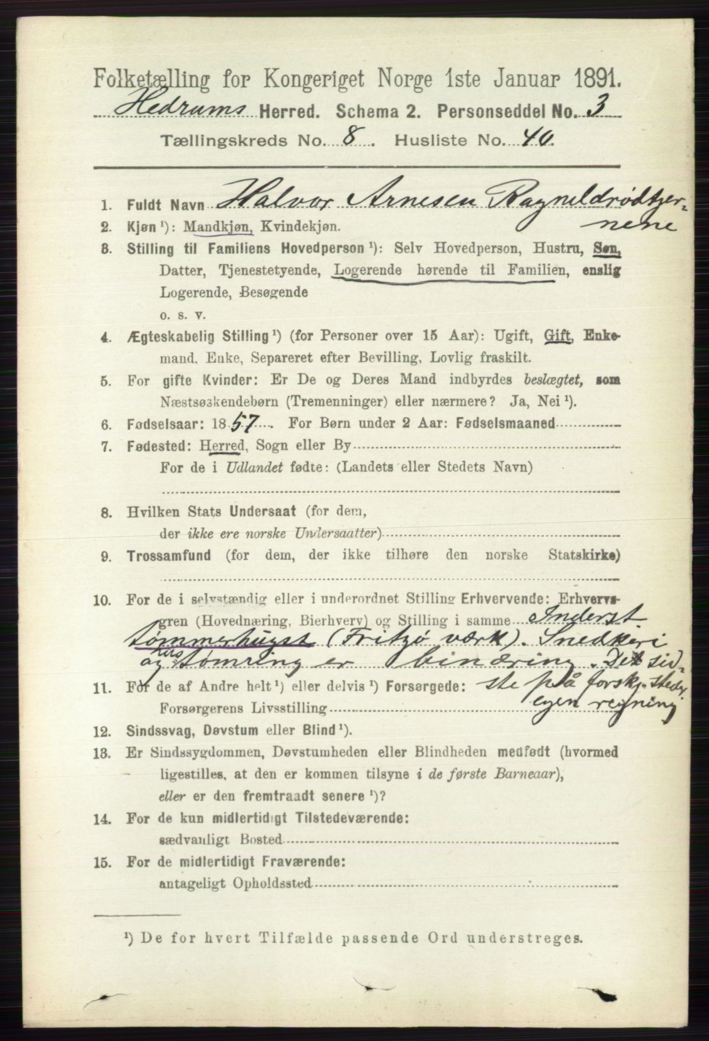 RA, 1891 census for 0727 Hedrum, 1891, p. 3741