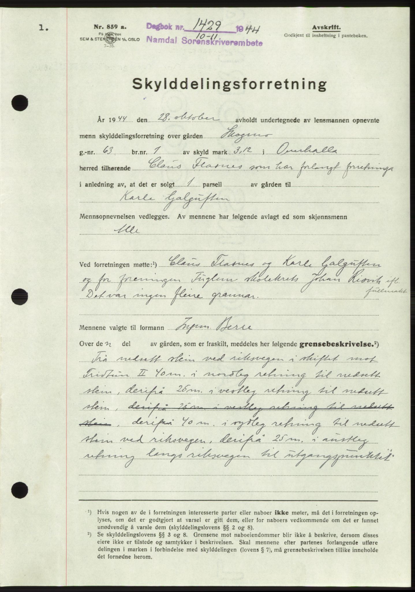 Namdal sorenskriveri, SAT/A-4133/1/2/2C: Mortgage book no. -, 1944-1945, Diary no: : 1429/1944