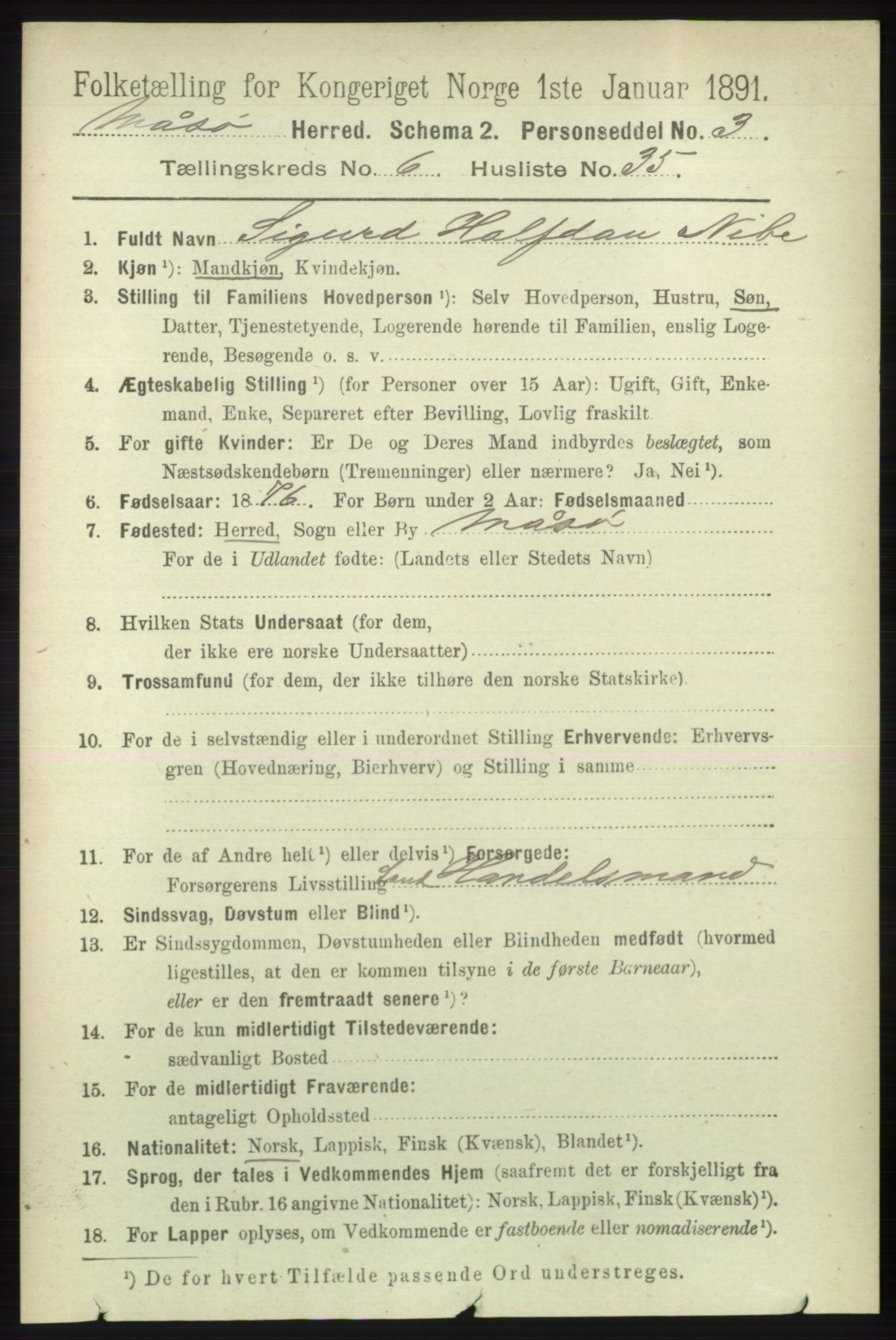 RA, 1891 census for 2018 Måsøy, 1891, p. 1322