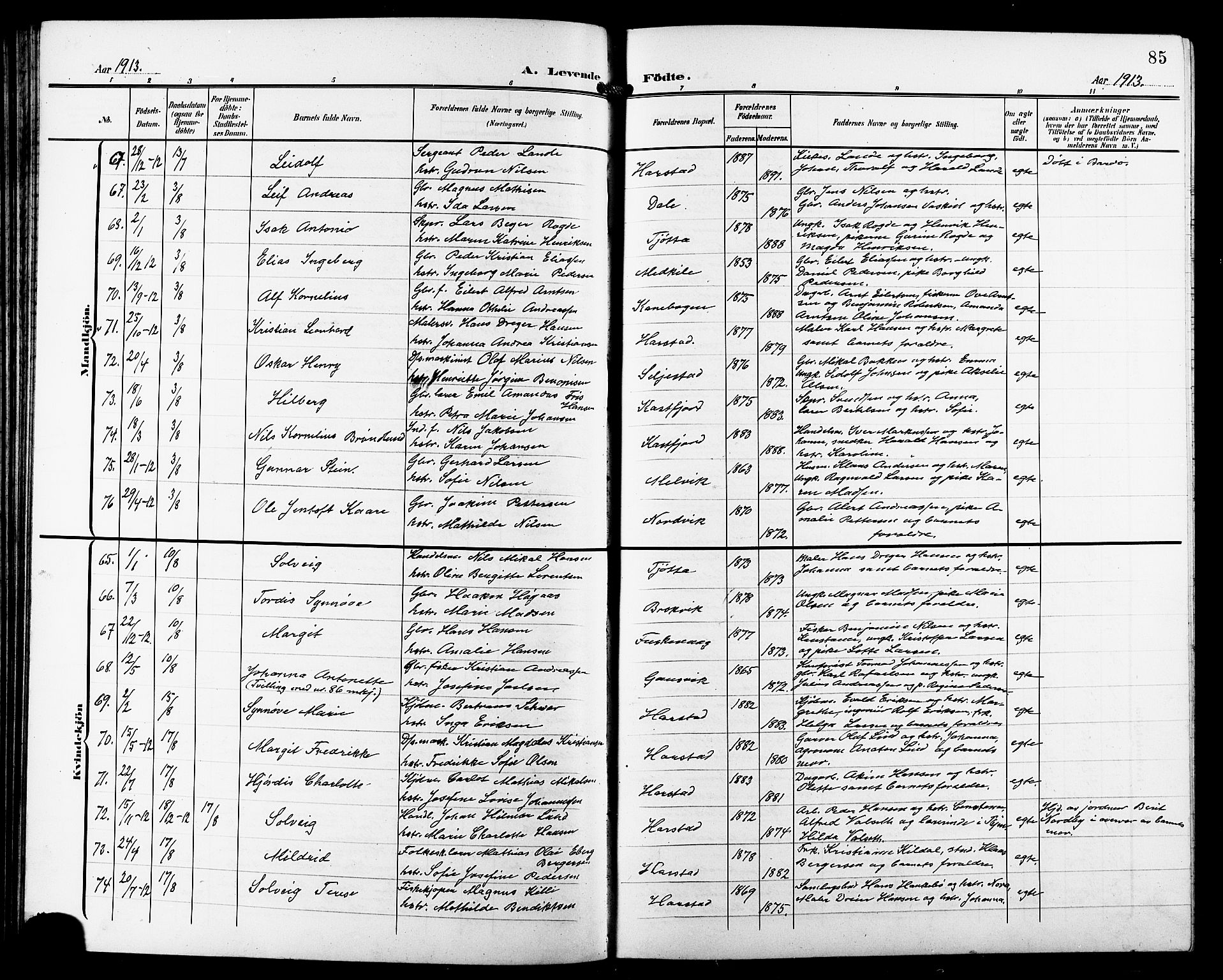 Trondenes sokneprestkontor, AV/SATØ-S-1319/H/Hb/L0012klokker: Parish register (copy) no. 12, 1907-1916, p. 85