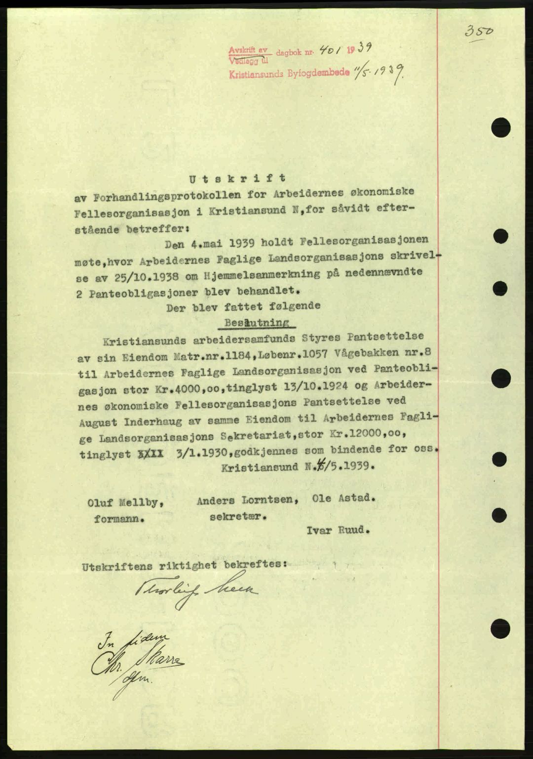Kristiansund byfogd, SAT/A-4587/A/27: Mortgage book no. 31, 1938-1939, Diary no: : 401/1939