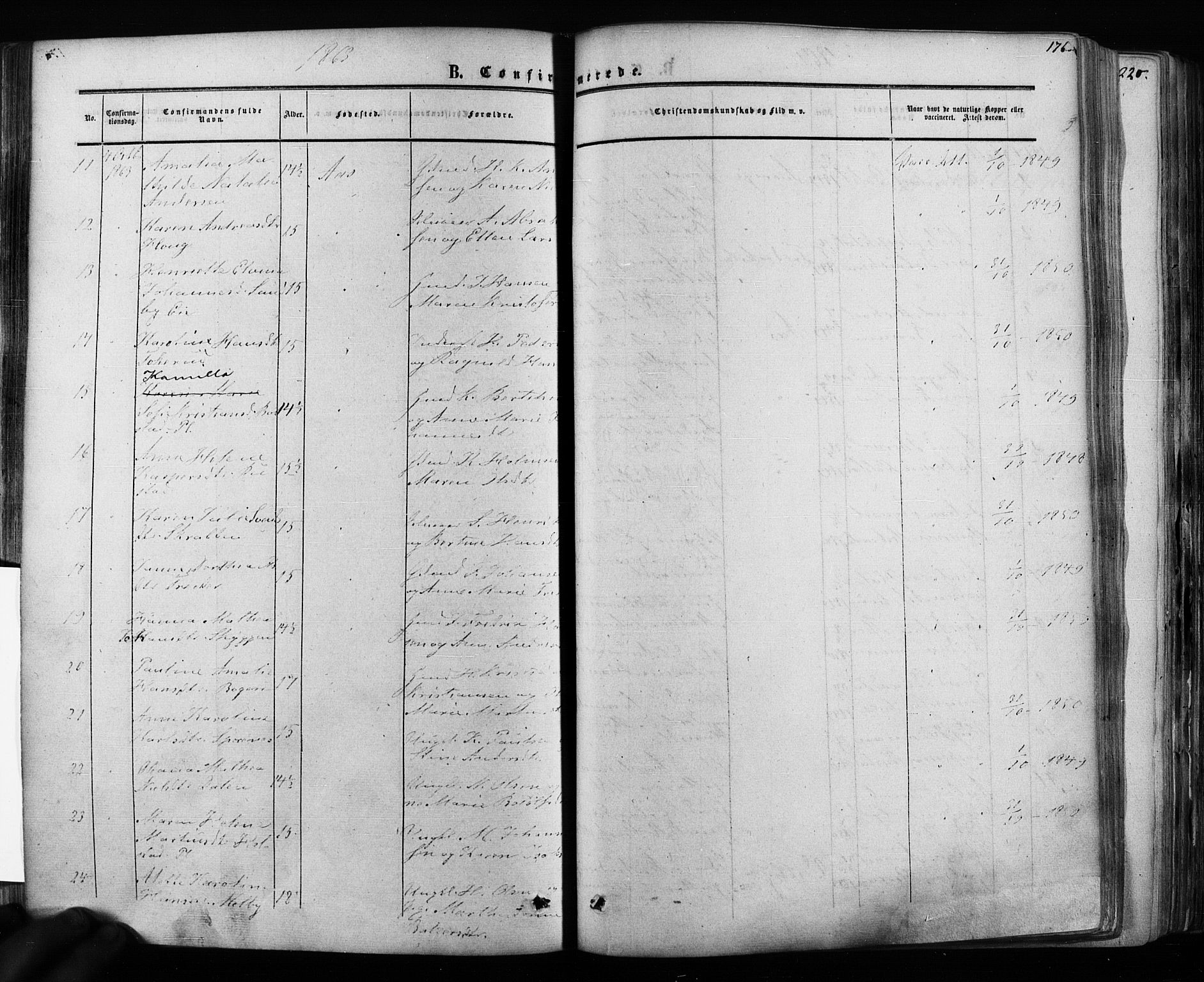 Ås prestekontor Kirkebøker, AV/SAO-A-10894/F/Fa/L0007: Parish register (official) no. I 7, 1854-1870, p. 176