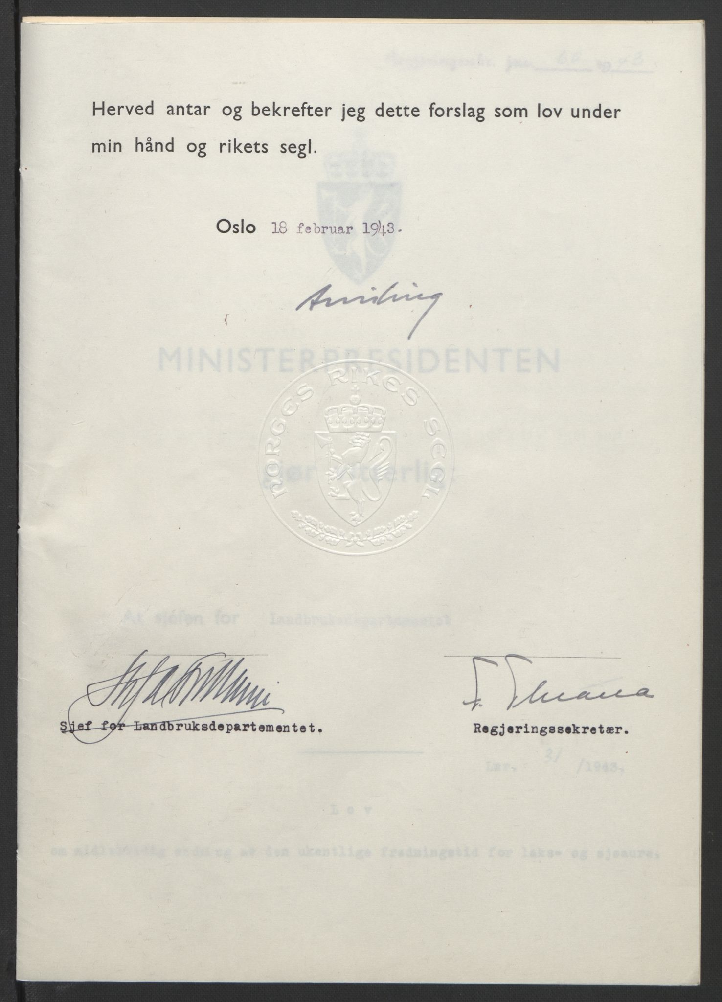 NS-administrasjonen 1940-1945 (Statsrådsekretariatet, de kommisariske statsråder mm), RA/S-4279/D/Db/L0099: Lover, 1943, p. 131