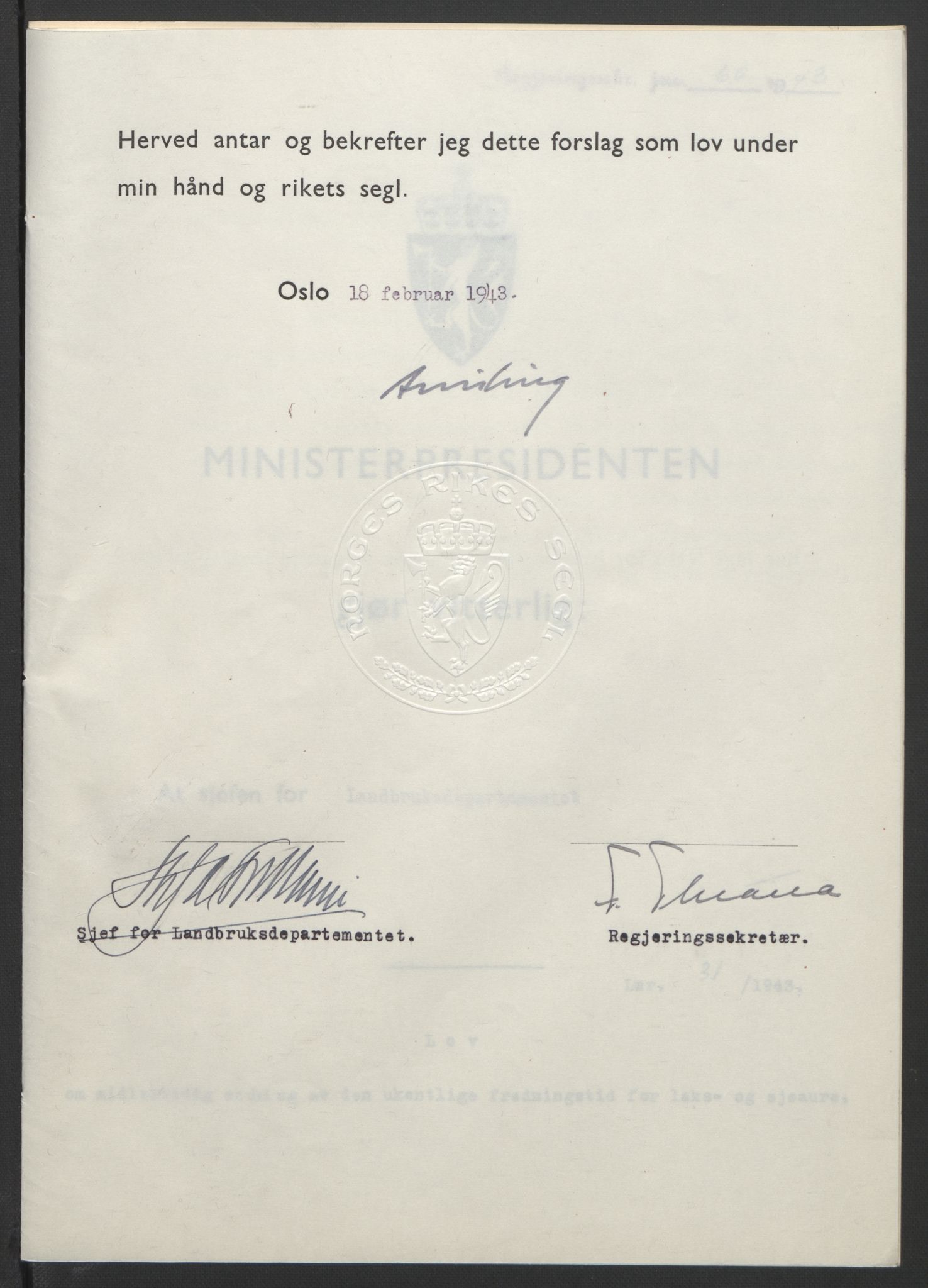 NS-administrasjonen 1940-1945 (Statsrådsekretariatet, de kommisariske statsråder mm), AV/RA-S-4279/D/Db/L0099: Lover, 1943, p. 131