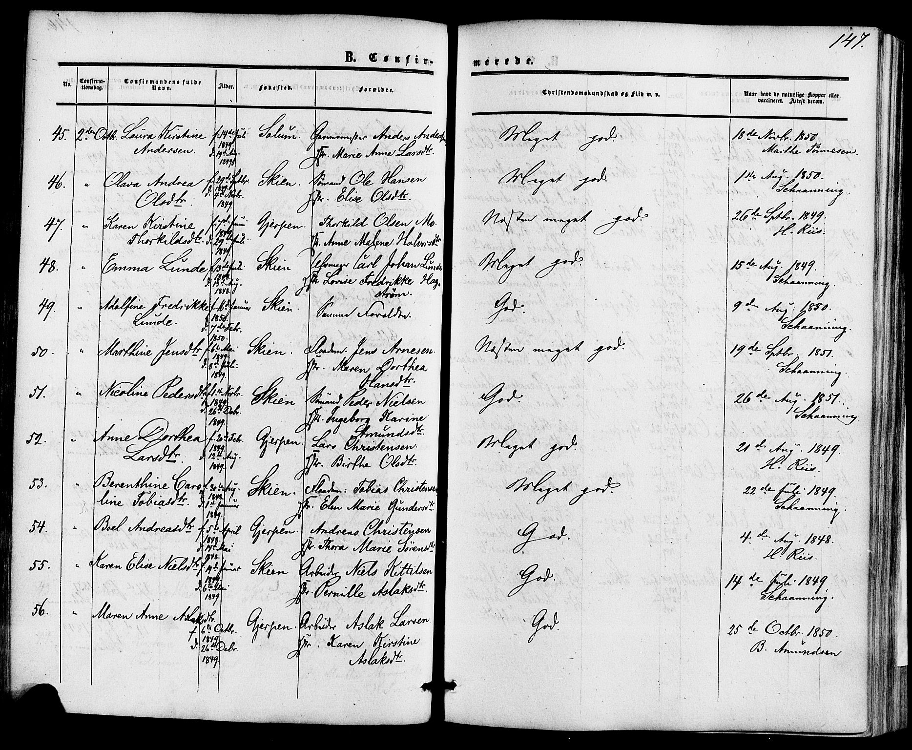 Skien kirkebøker, AV/SAKO-A-302/F/Fa/L0007: Parish register (official) no. 7, 1856-1865, p. 147