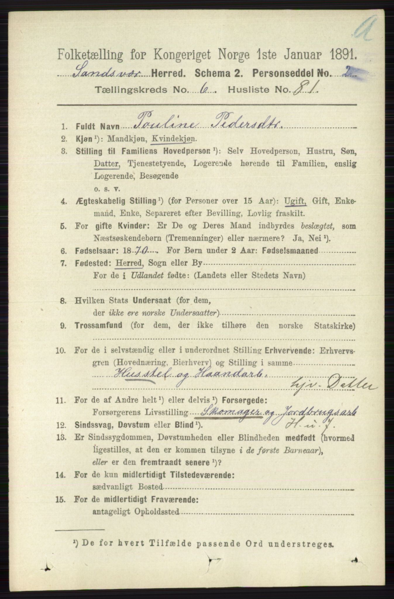 RA, 1891 census for 0629 Sandsvær, 1891, p. 3913