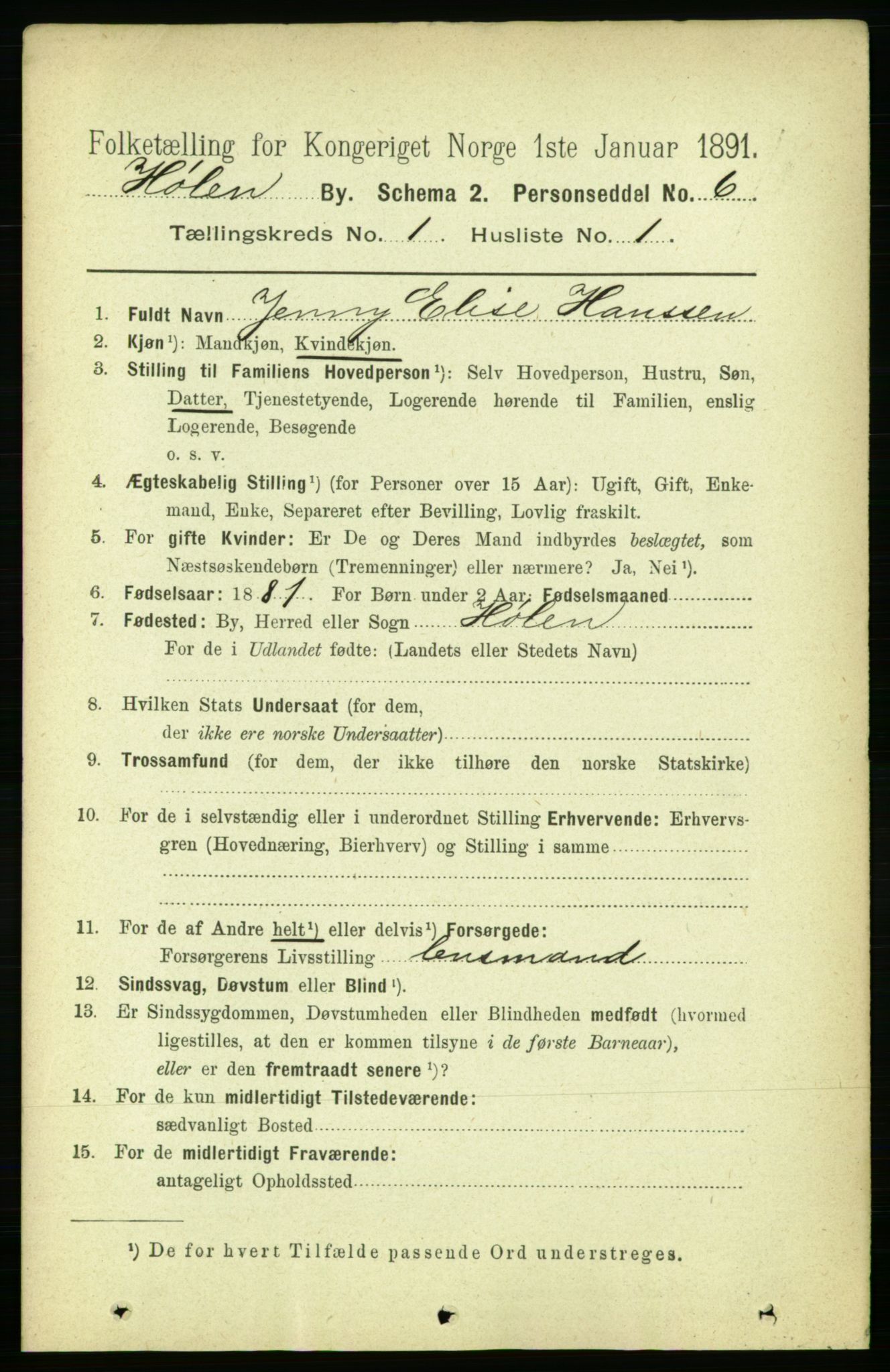 RA, 1891 census for 0204 Hølen, 1891, p. 14
