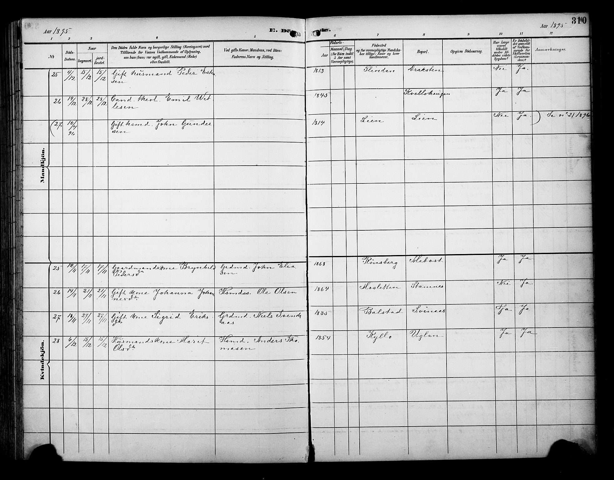 Ministerialprotokoller, klokkerbøker og fødselsregistre - Sør-Trøndelag, SAT/A-1456/695/L1149: Parish register (official) no. 695A09, 1891-1902, p. 310