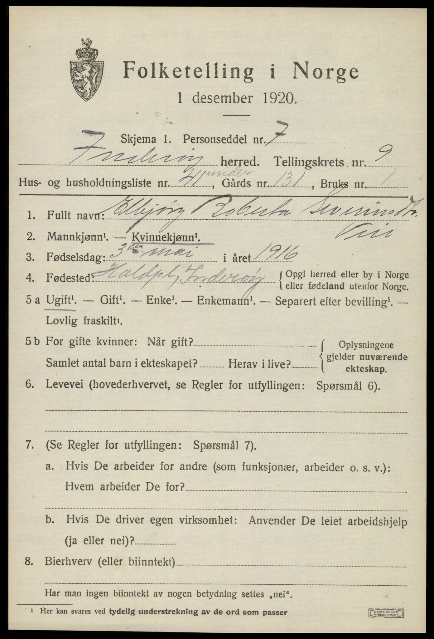 SAT, 1920 census for Inderøy, 1920, p. 6535