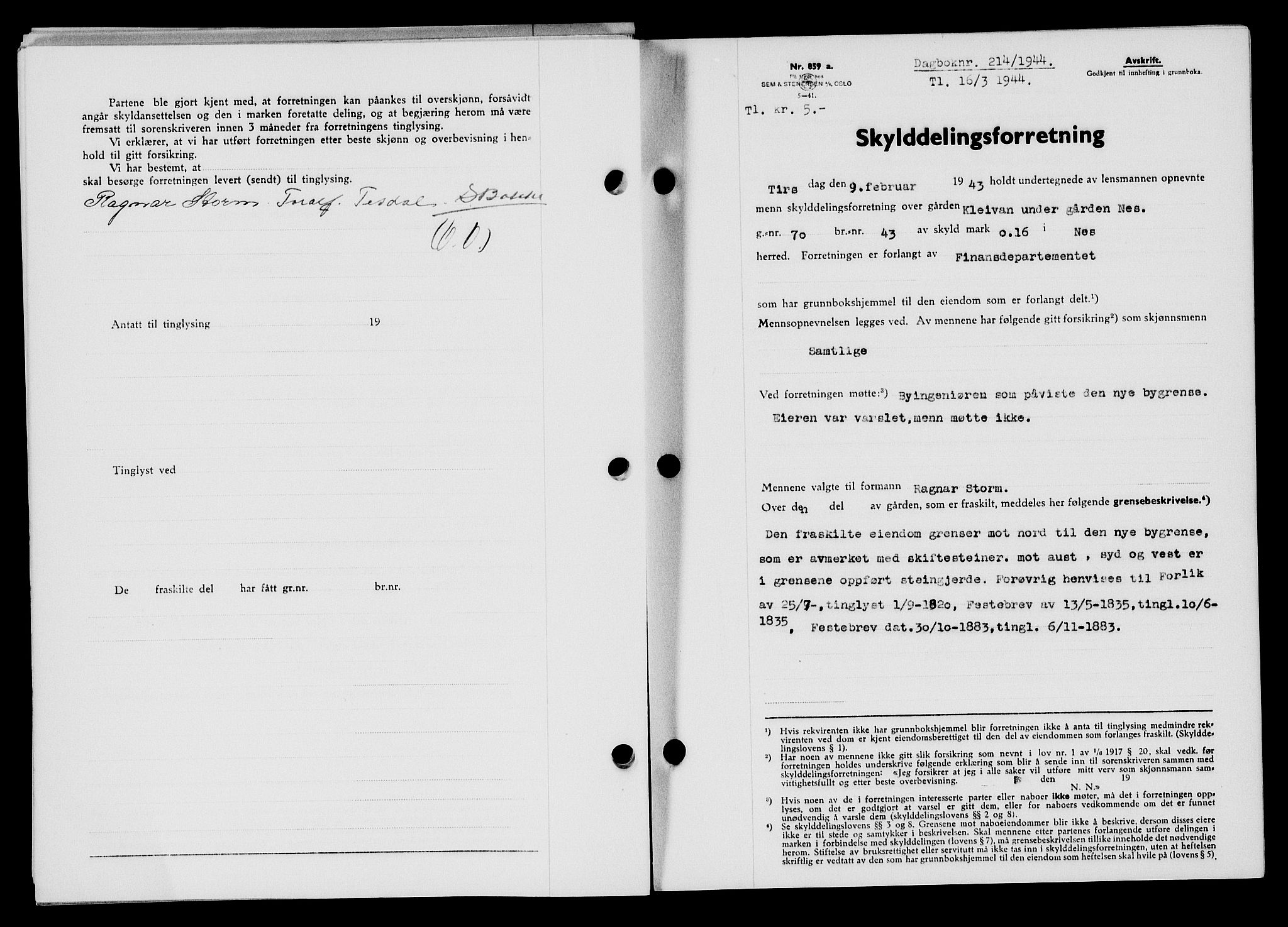 Flekkefjord sorenskriveri, SAK/1221-0001/G/Gb/Gba/L0059: Mortgage book no. A-7, 1944-1945, Diary no: : 214/1944