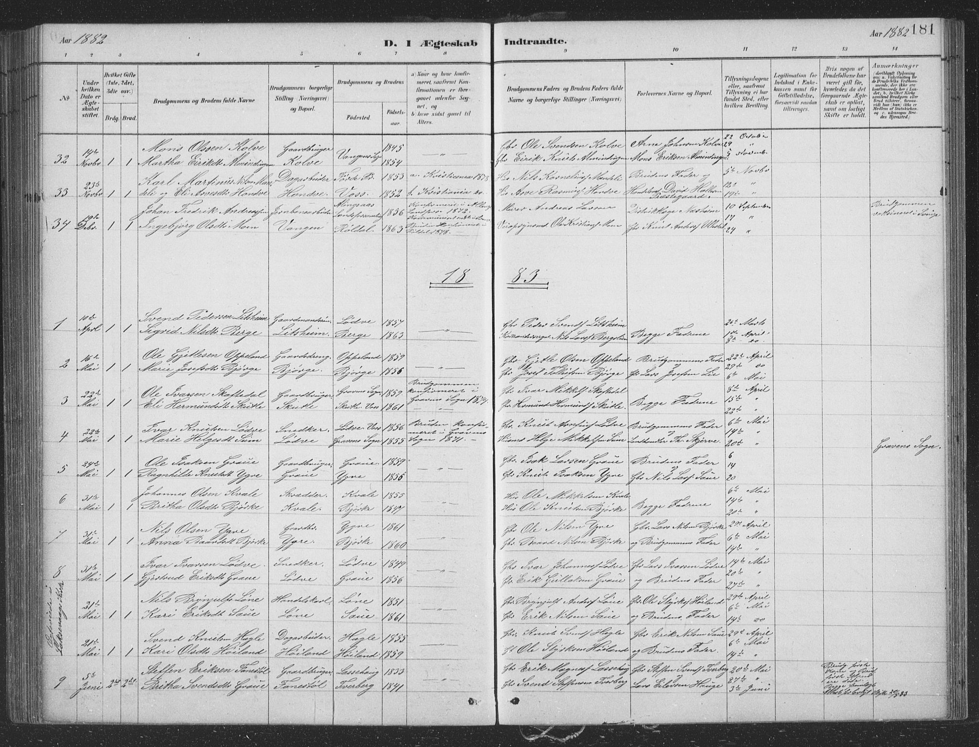 Voss sokneprestembete, SAB/A-79001/H/Hab: Parish register (copy) no. B 3, 1879-1894, p. 181