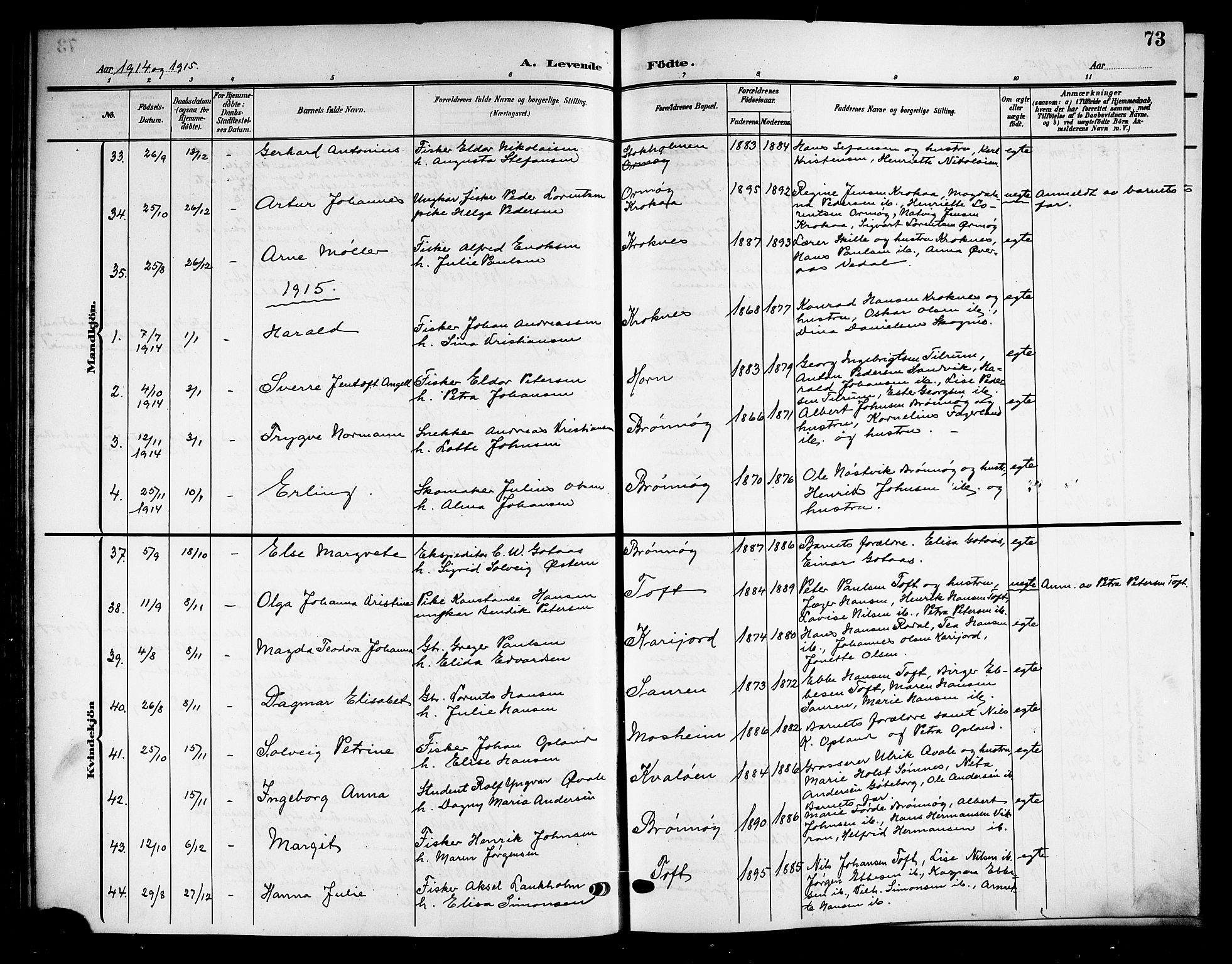 Ministerialprotokoller, klokkerbøker og fødselsregistre - Nordland, SAT/A-1459/813/L0214: Parish register (copy) no. 813C06, 1904-1917, p. 73