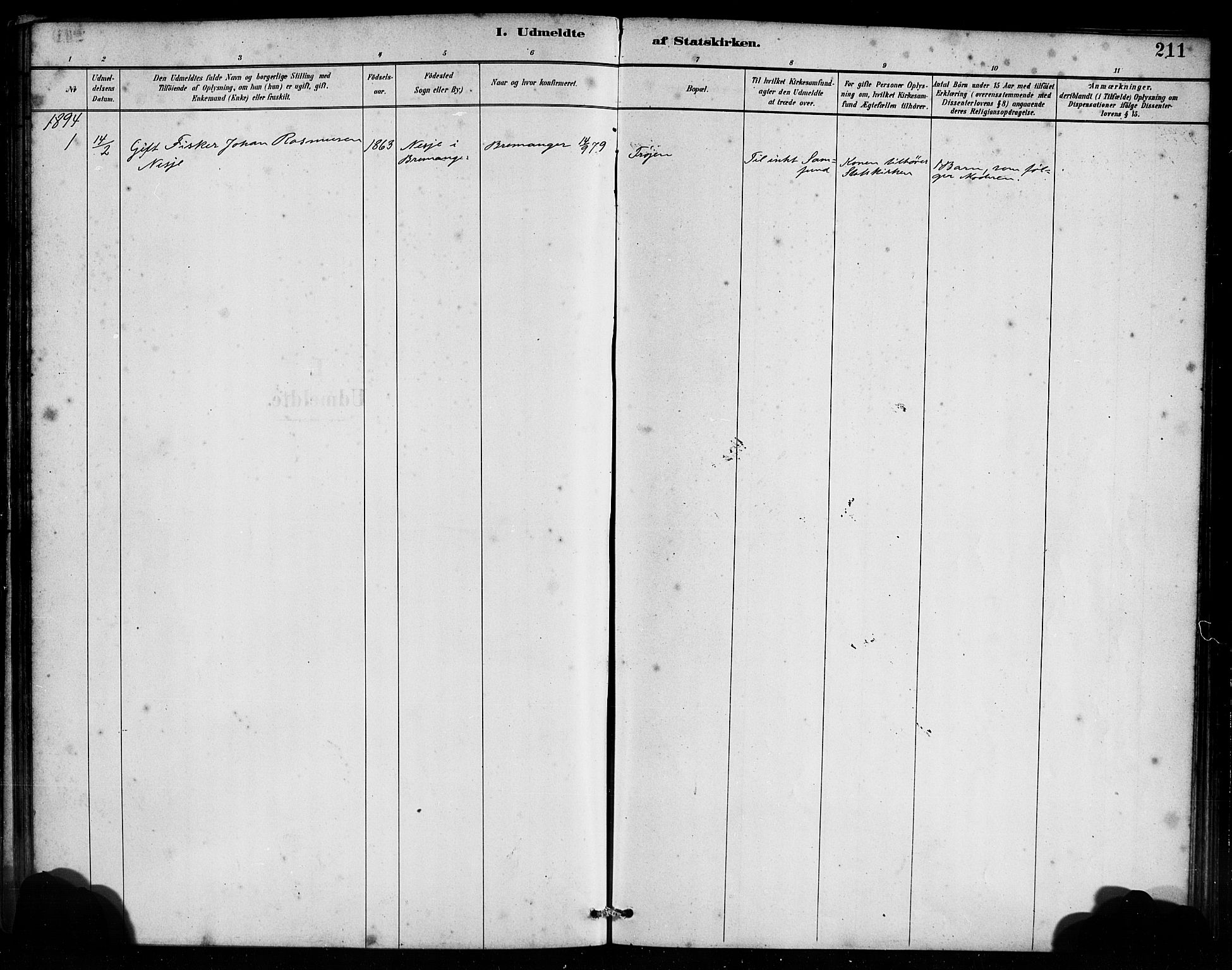 Bremanger sokneprestembete, SAB/A-82201/H/Haa/Haab/L0001: Parish register (official) no. B 1, 1884-1895, p. 211