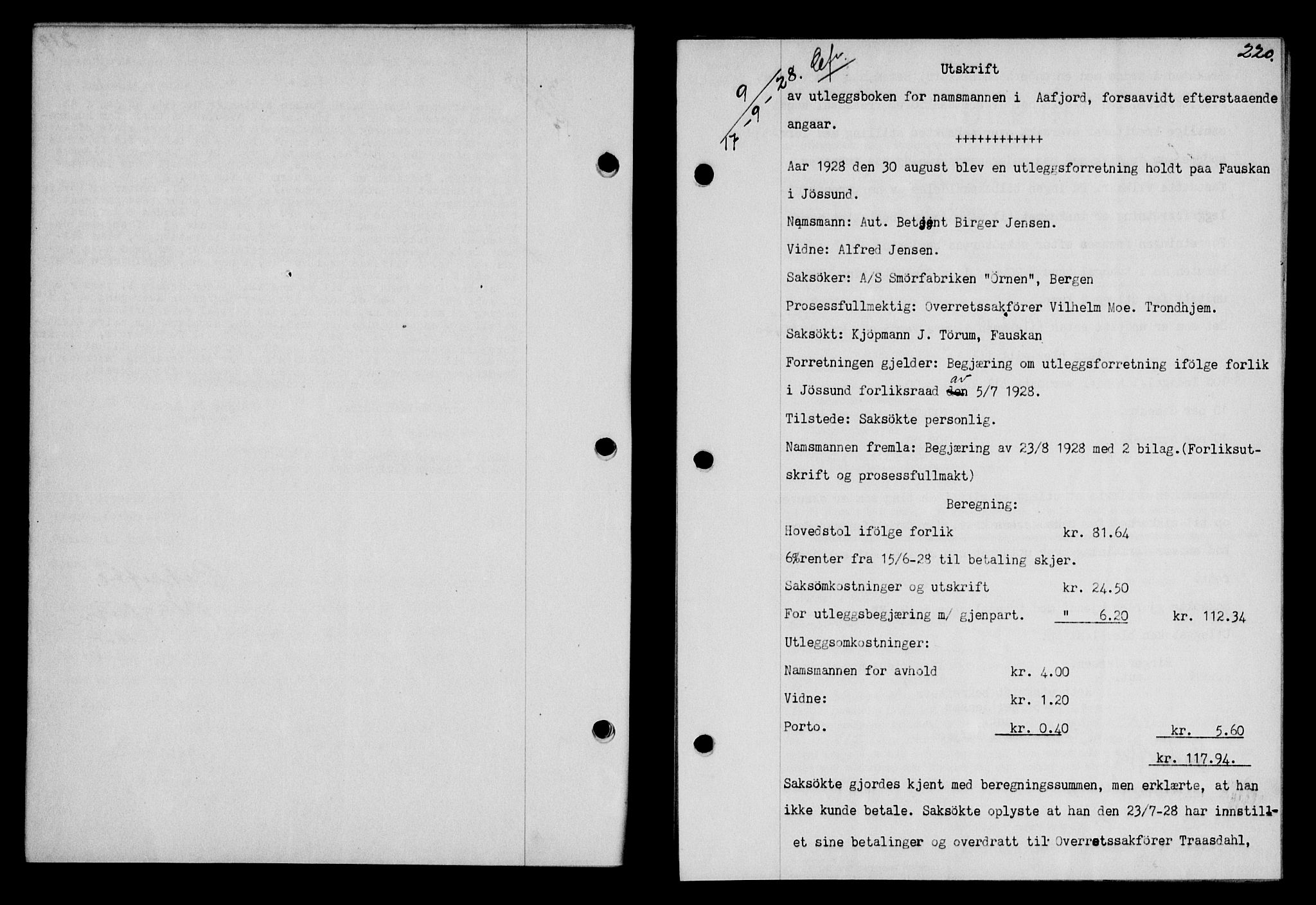Fosen sorenskriveri, AV/SAT-A-1107/1/2/2C/L0067: Mortgage book no. 58, 1928-1929, p. 220, Deed date: 17.09.1928