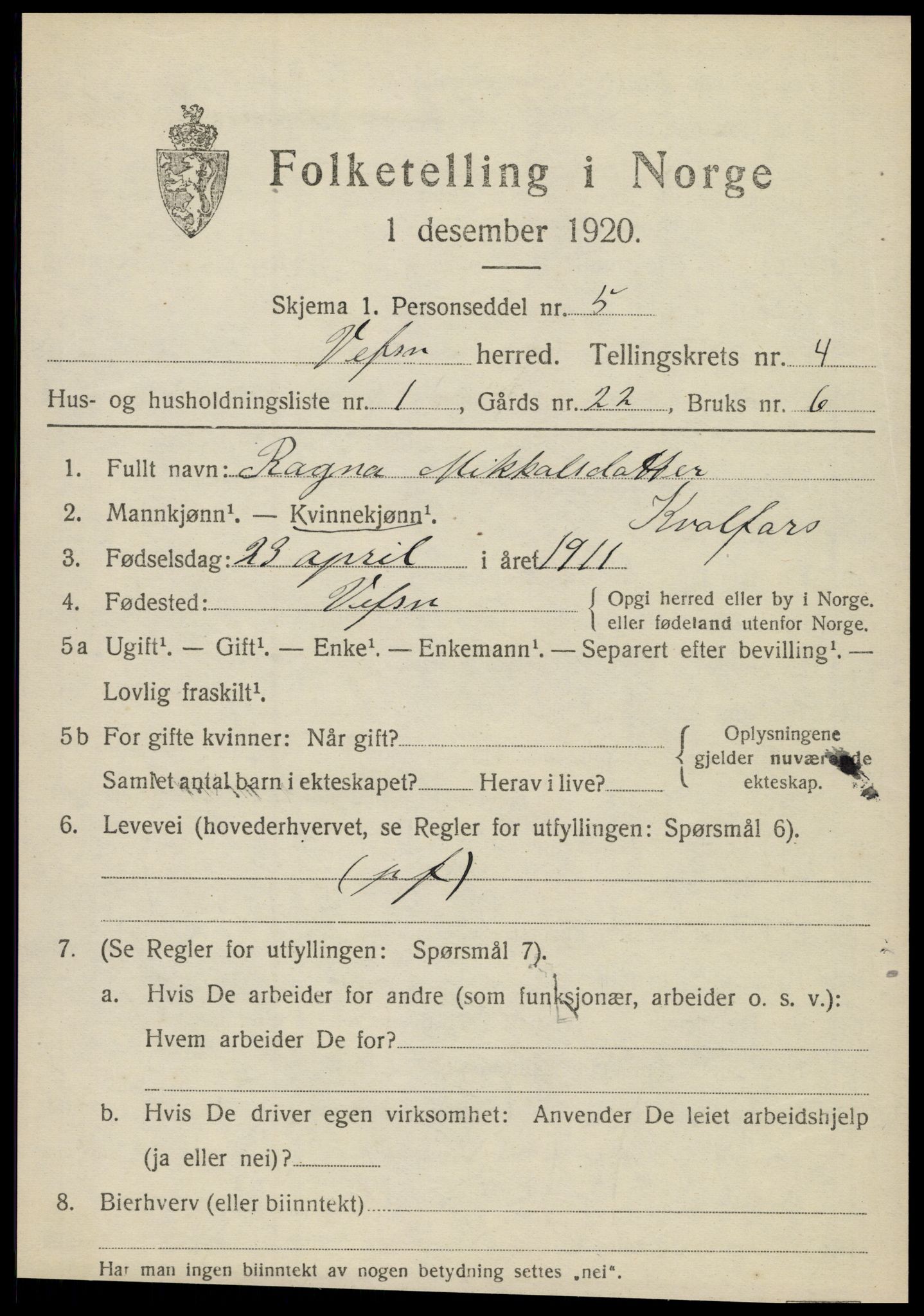 SAT, 1920 census for Vefsn, 1920, p. 2845