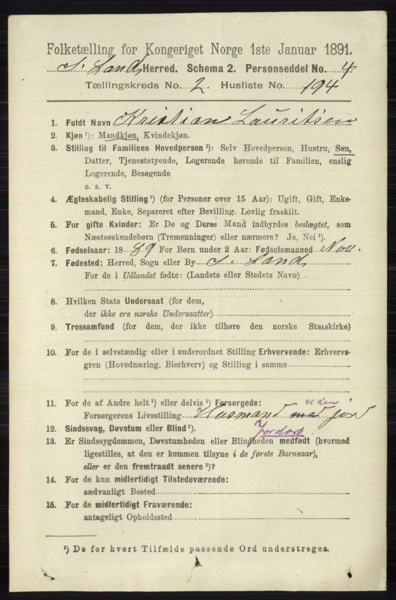 RA, 1891 census for 0536 Søndre Land, 1891, p. 2264