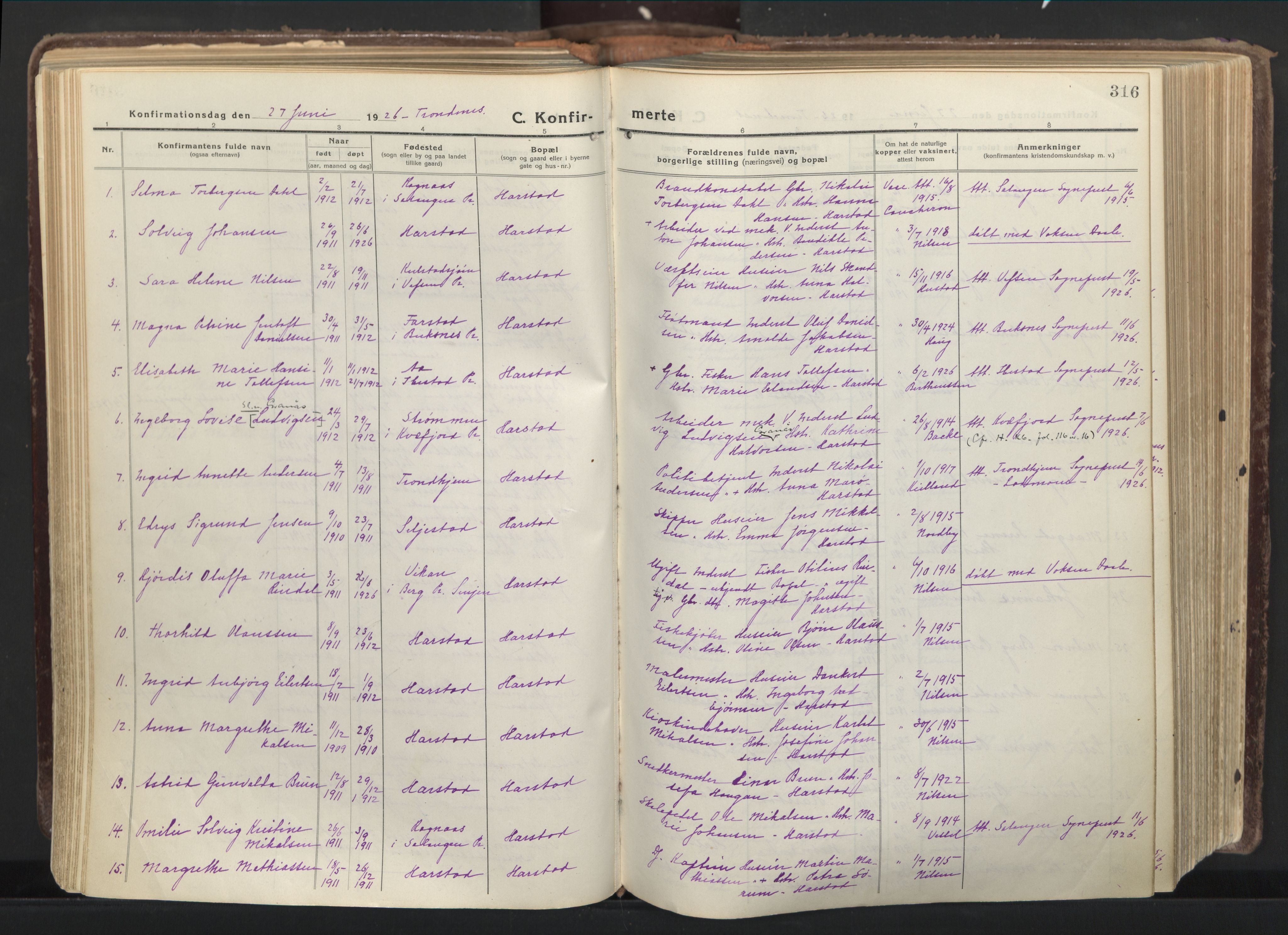 Trondenes sokneprestkontor, SATØ/S-1319/H/Ha/L0019kirke: Parish register (official) no. 19, 1919-1928, p. 316